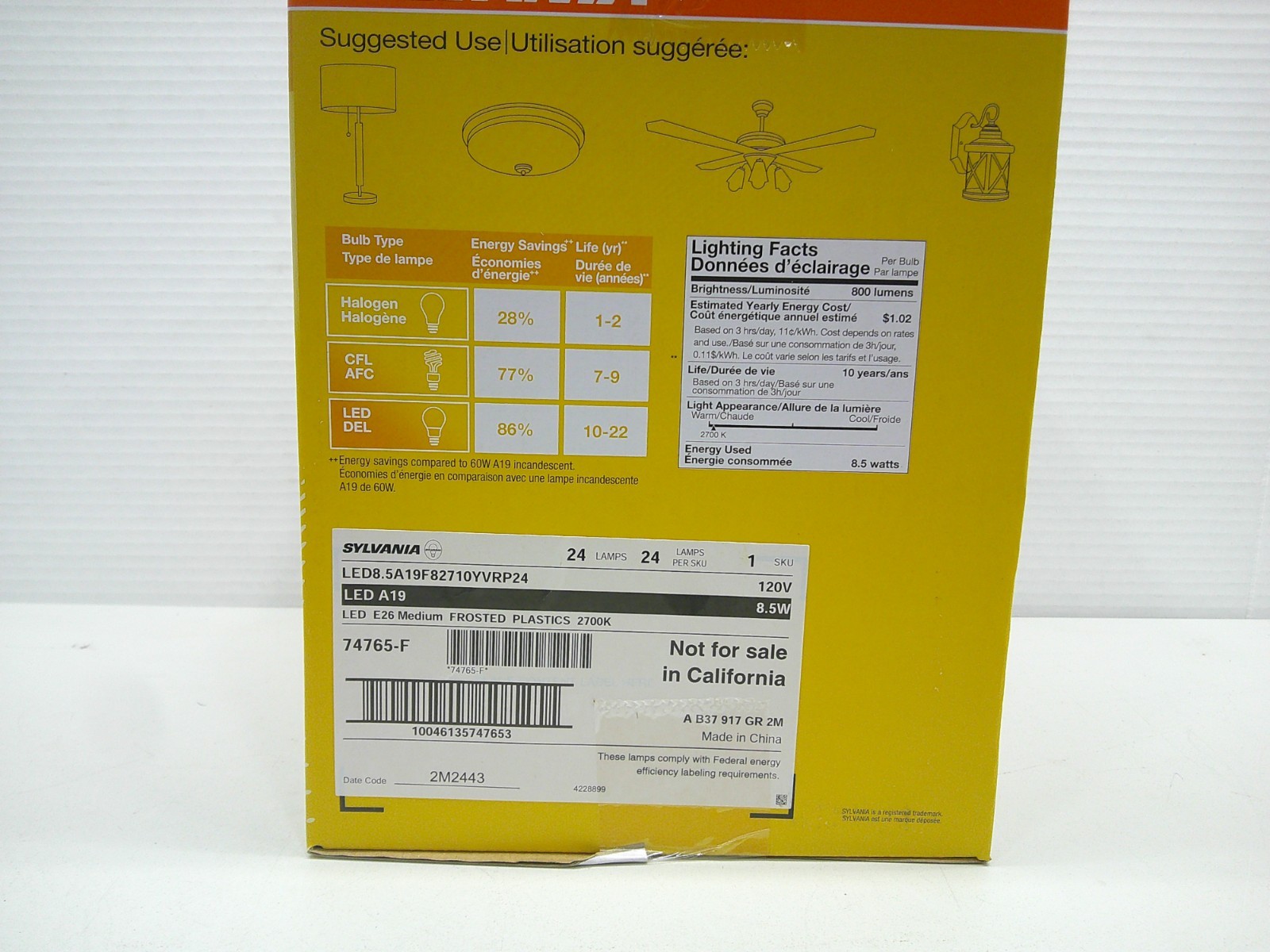 24 pack Sylvania 8.5 Watt 60 Watt Equivalent A19 LED Light Bulb in 2700K 74765