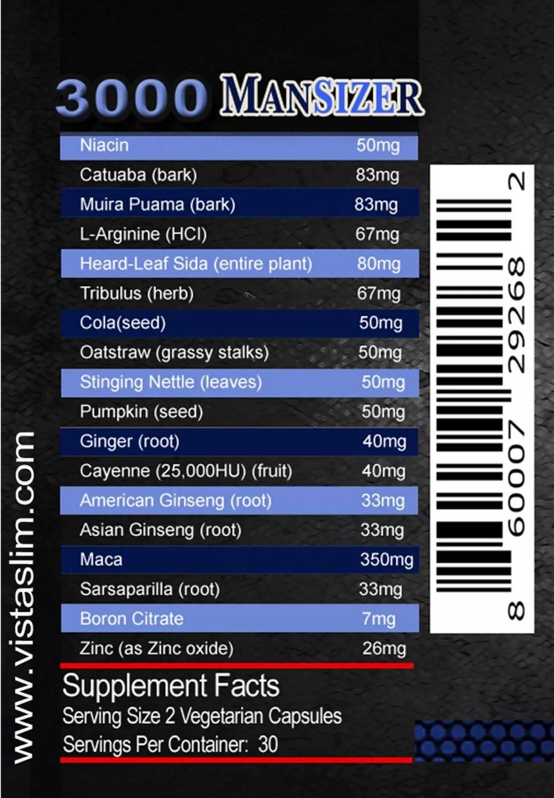 VistaSlim MANSIZER 3000 Male Supplements Longer Size Sexual Stamina 60 Pills