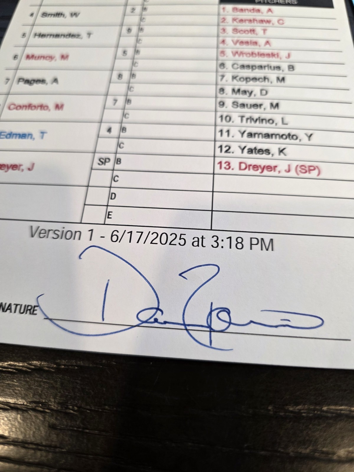 Game Used OFFICIAL BATTING ORDER LINEUP CARDS LA DODGERS & SAN DIEGO PADRES 2025