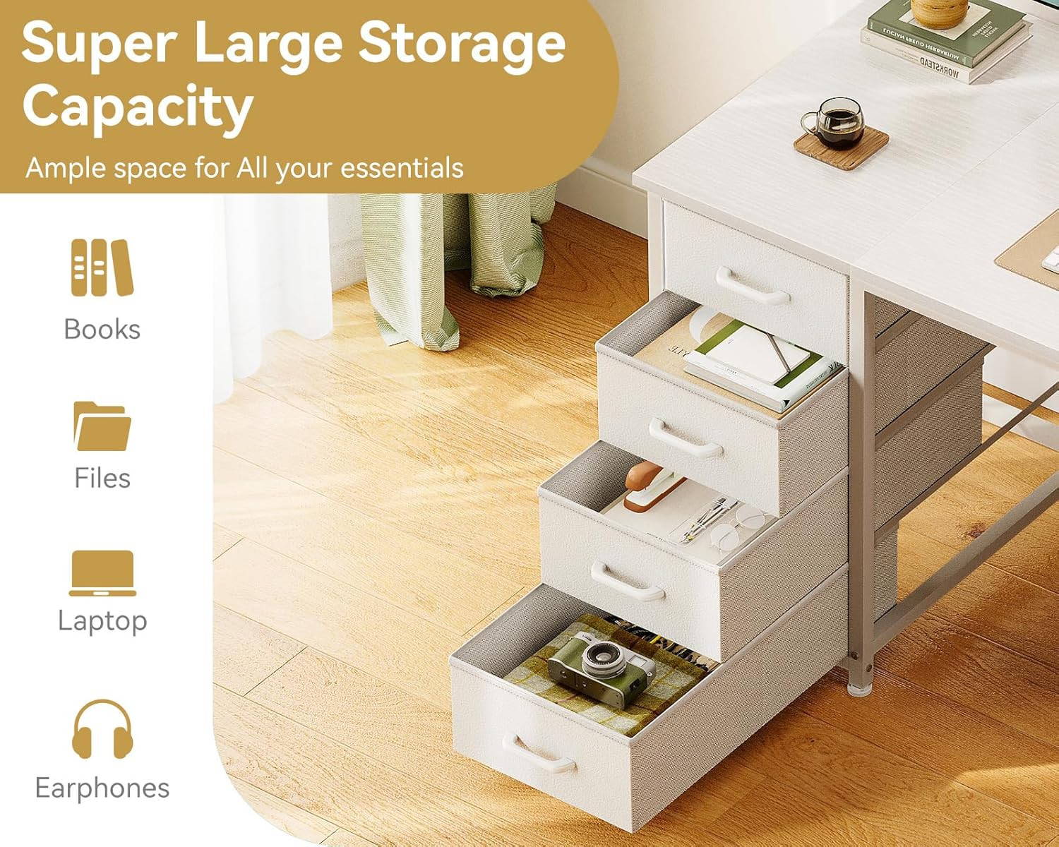 ODK 48 Inch White Computer Desk with 8 Fabric Drawers, Modern Office Desk