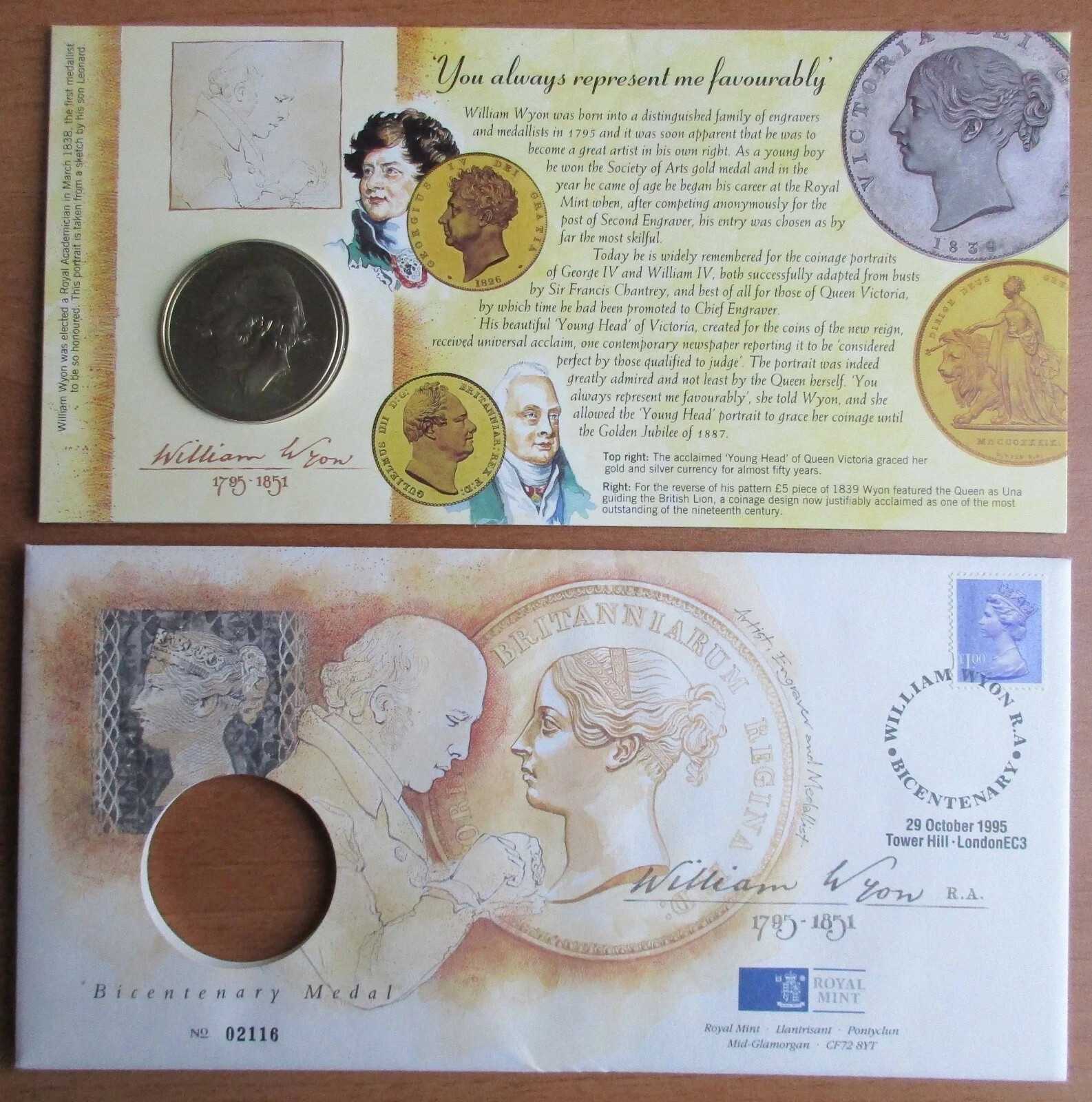 1995 Royal Mint William Wyon Bicentenary Medal Coin And Cover