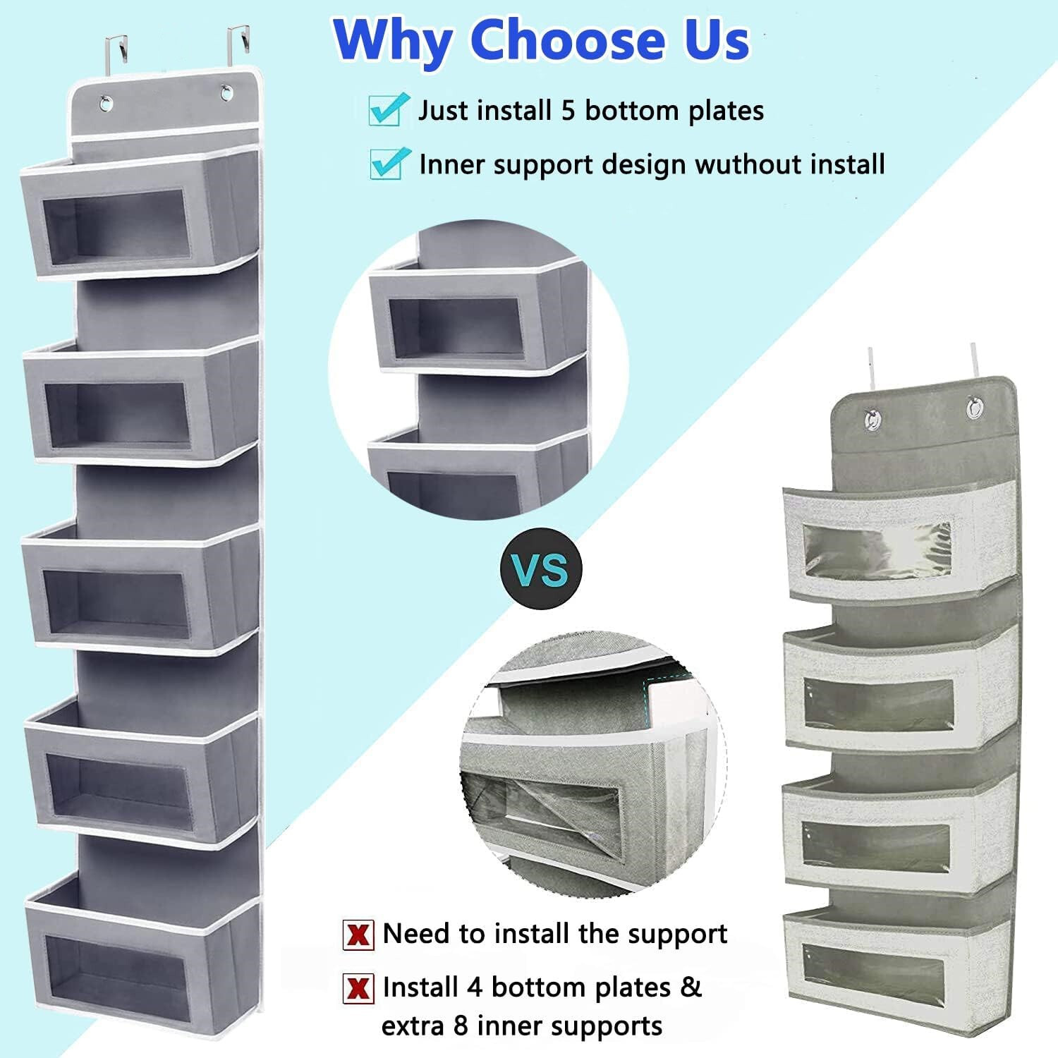 HBN 5-Shelf Over The Door Hanging Organizer with 2 Metal Hooks, Door Wall Mount