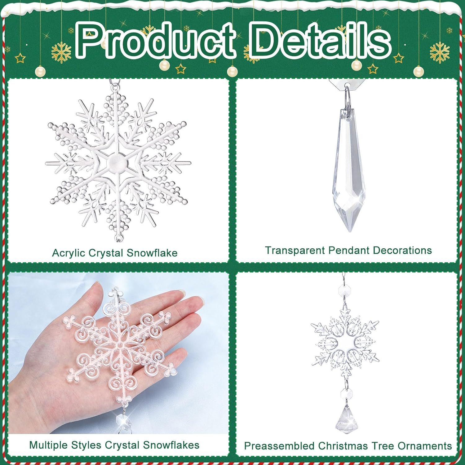16Pcs Crystal Snowflake Christmas Tree Ornaments - Festive Holiday Decor