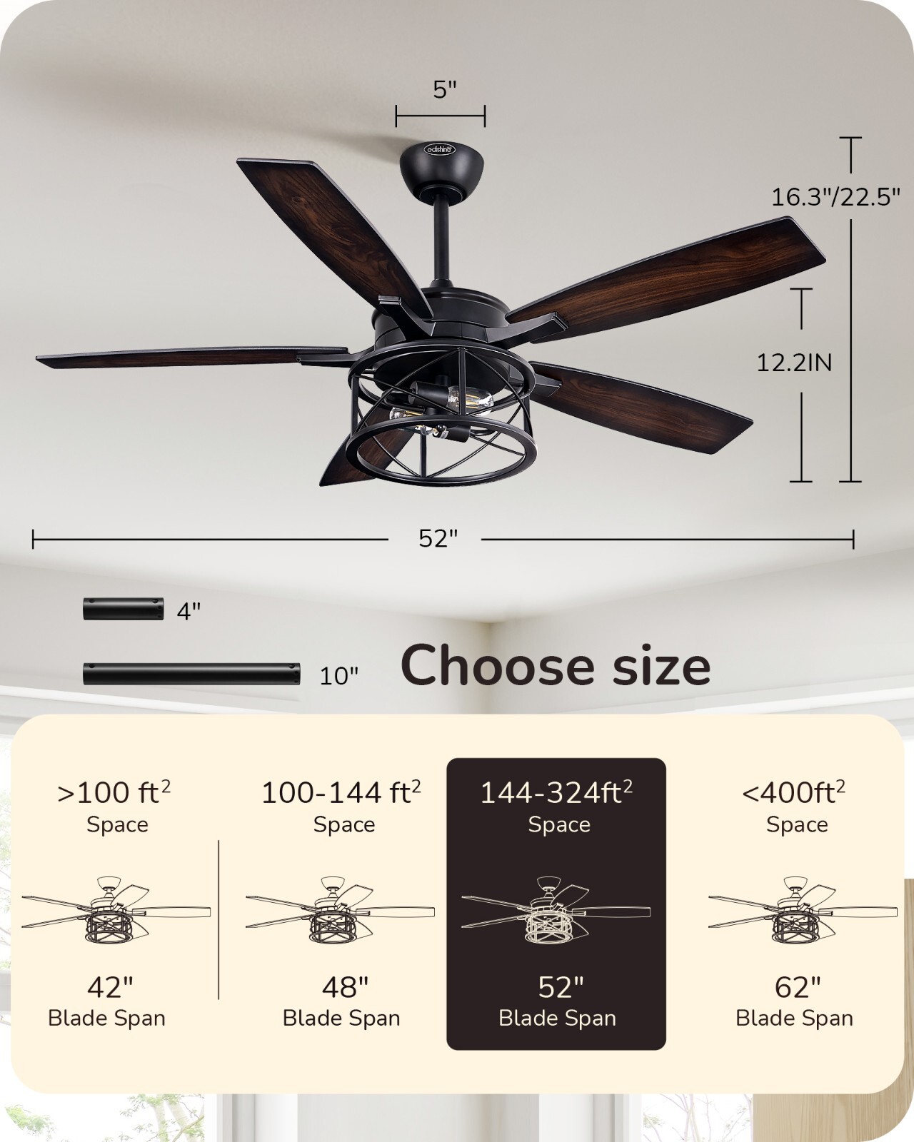 EDISHINE 52 Inch Farmhouse Ceiling Fans With Lights Rustic Ceiling Fan Remote