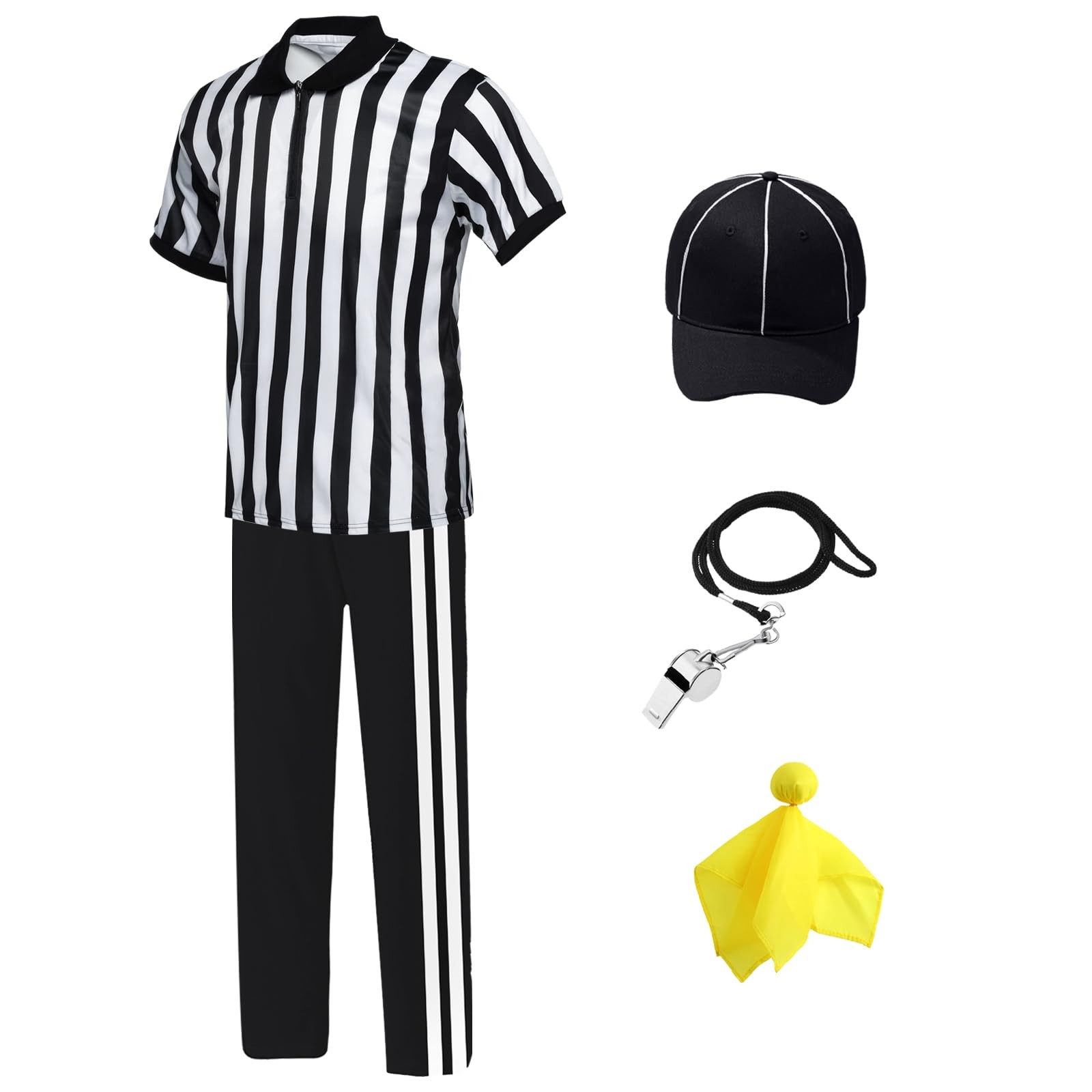 Mens Referee Shirt Black White Stripes Umpire Jersey Yellow Penalty Flag Hat