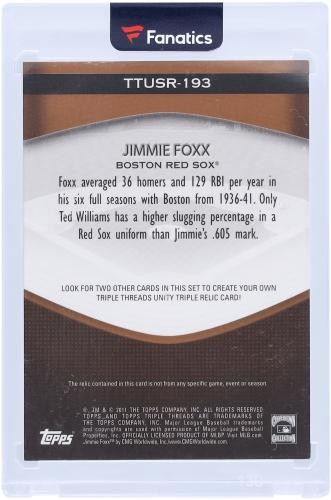 Jimmie Foxx Red Sox 2011 Topps Triple Threads GU Bat Relic #TTUSR-193 26/27 Card