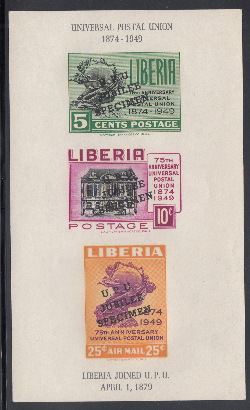 Liberia # C67a MNH UPU JUBILEE SPECIMEN UPU 75th Anniversary SS IMPERFORATE