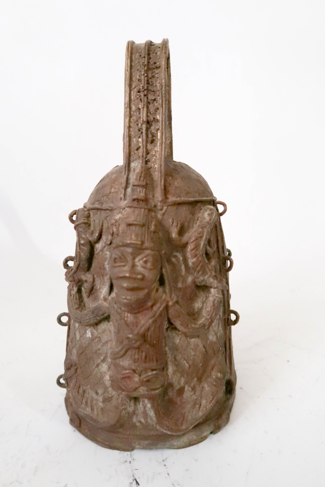 Vintage BENIN Bronze 11" Altar Bell Sculpture African Art Nigeria
