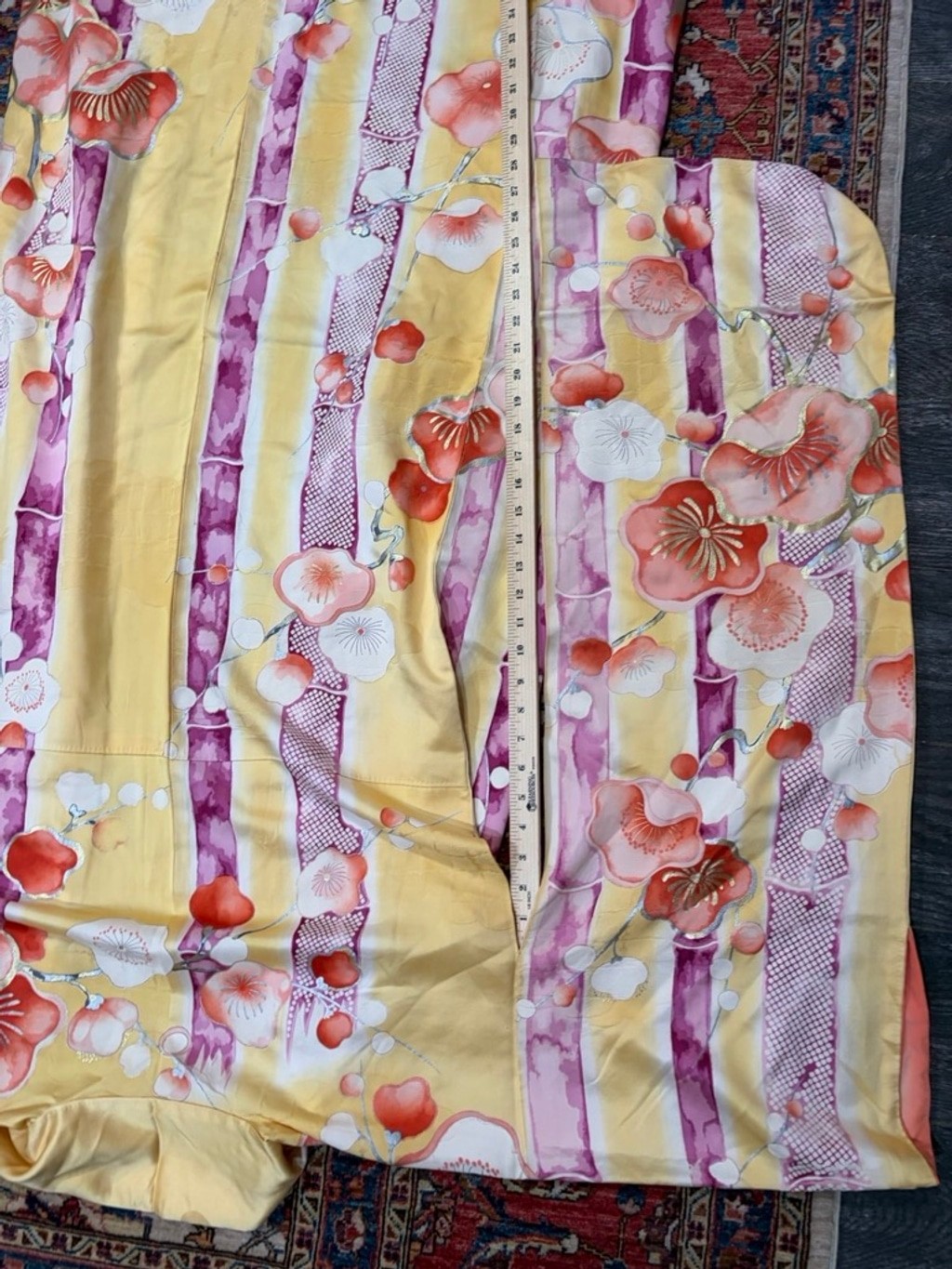 Vintage Mitsukoshi Silk Kimono Yellow Floral Gold Handpainted Long Robe Japan