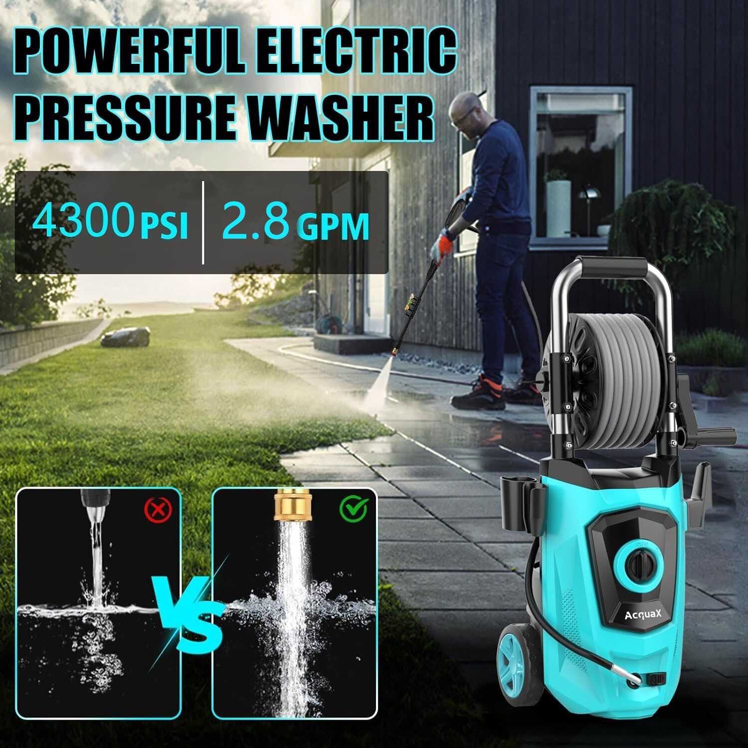 Electric Pressure Washer with Hose Reel 4300PSI 2.8GPM Power Washer Blue