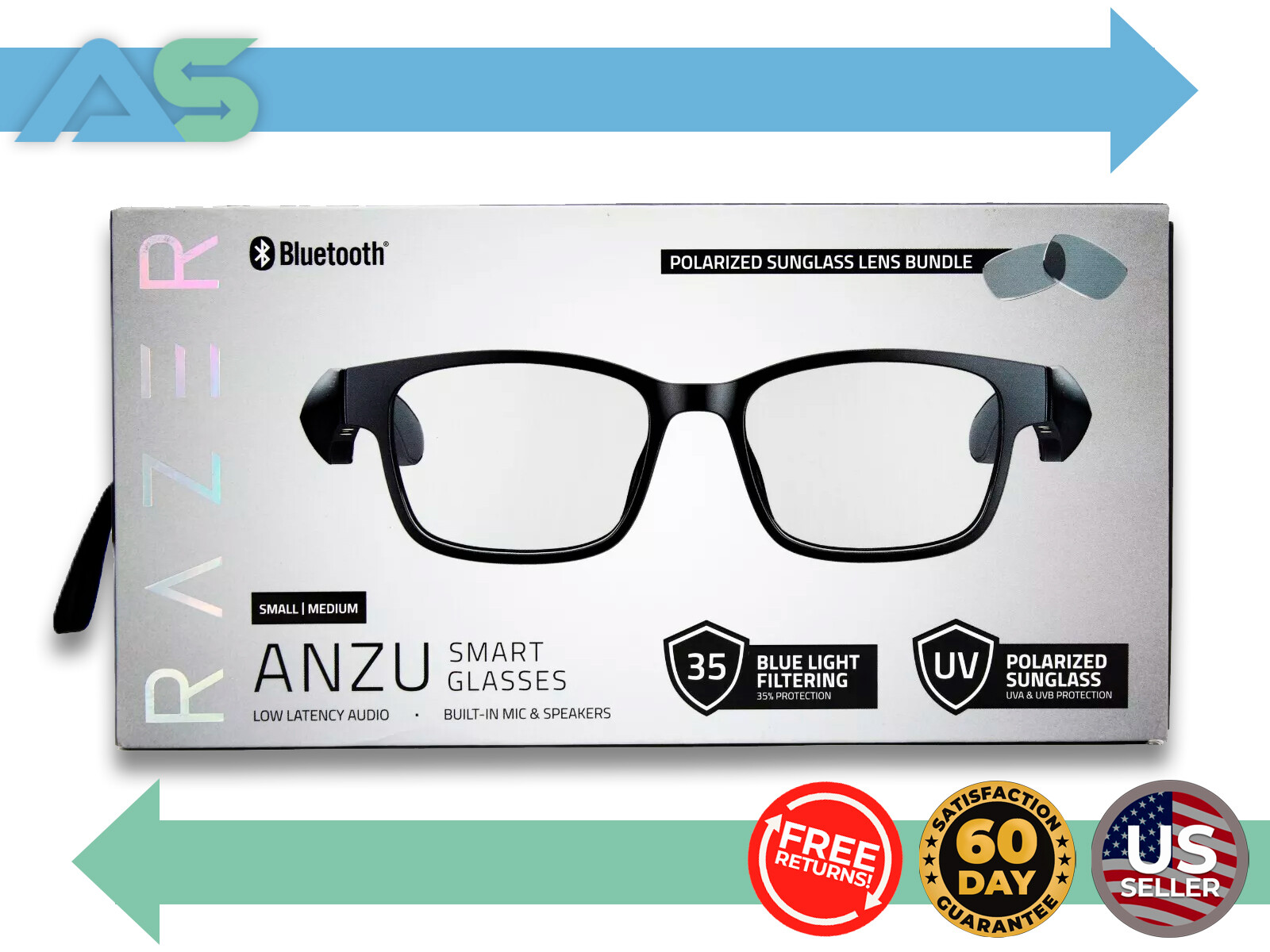 Razer ANZU Rectangle Smart Glasses with Blue Light Filtering - Small | Medium