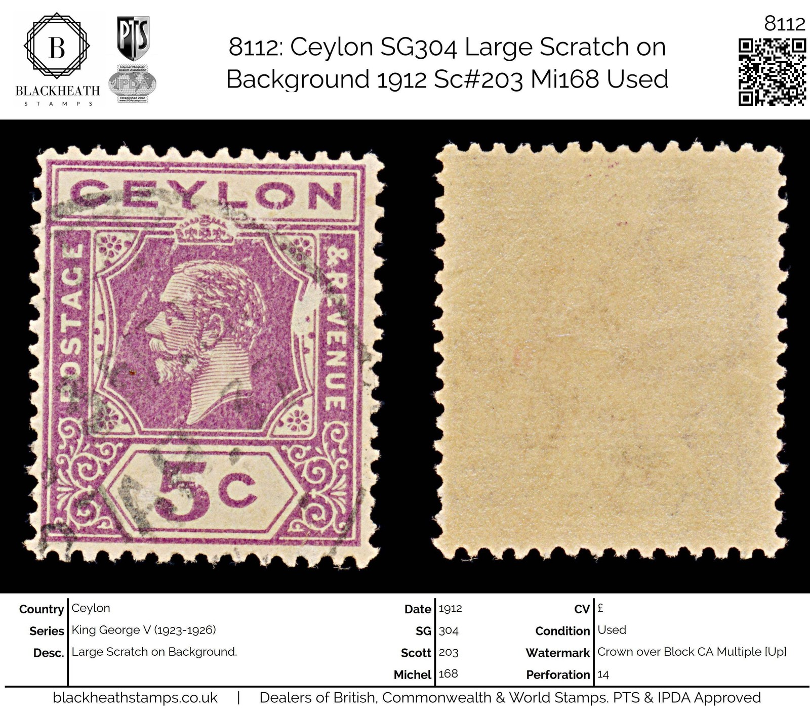 8112: Ceylon SG304 Large Scratch on Background 1912 Sc#203 Mi168 Used