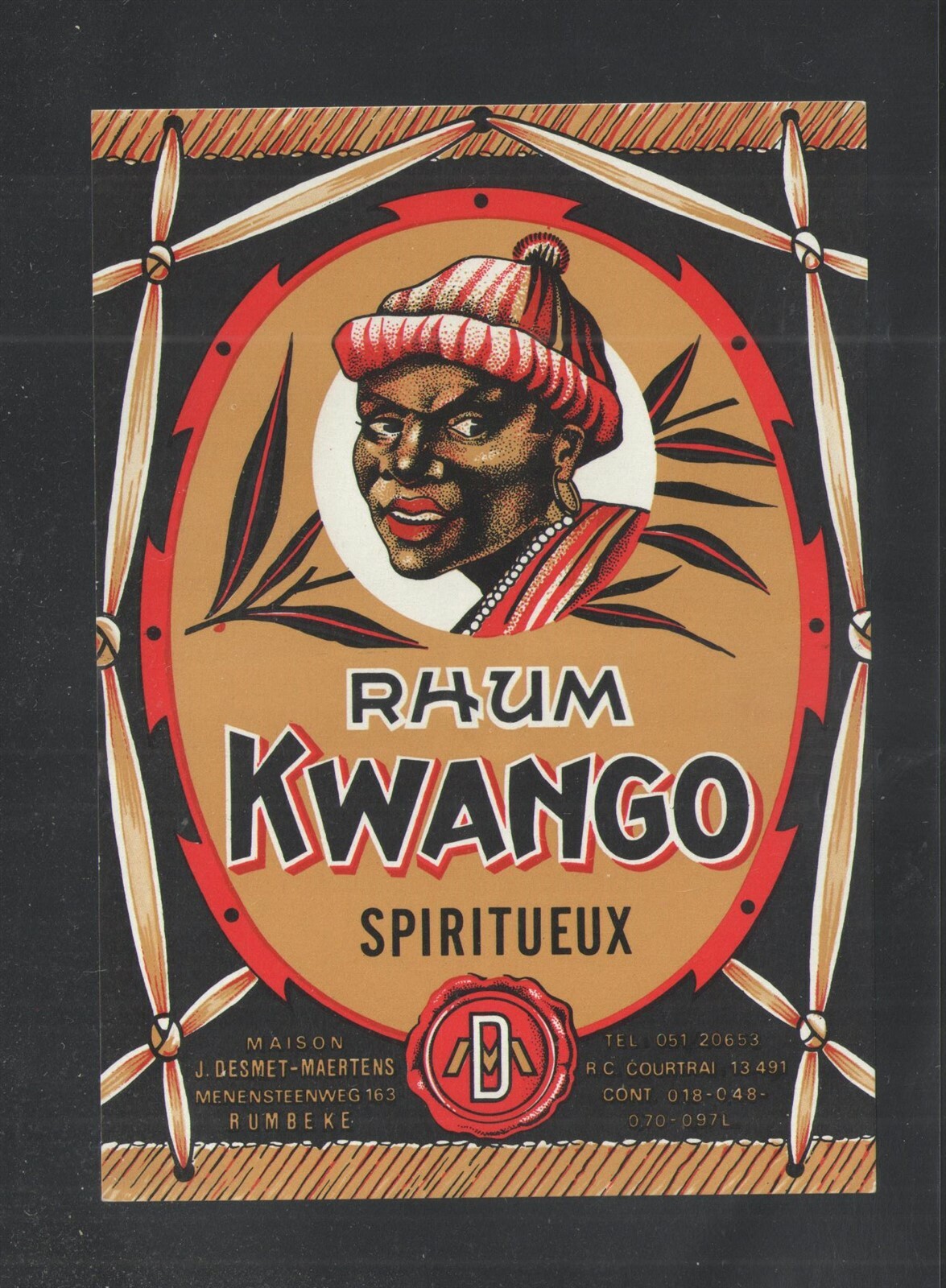 1930s RHUM KWANGO BOTTLE LABEL BELGIUM - VINTAGE - UNUSED