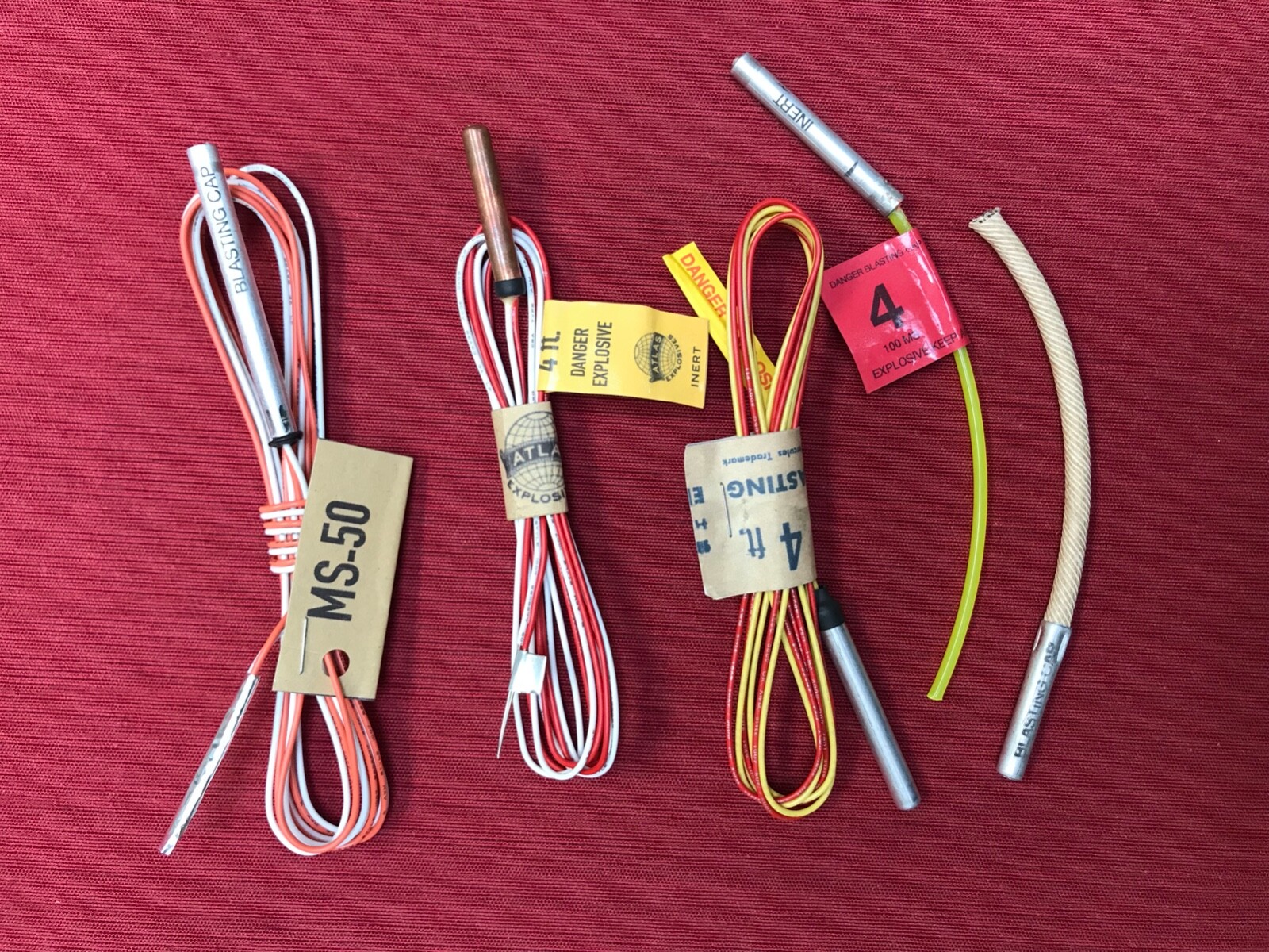 Set of 5 different inert blasting caps for mining display, movie prop, airsoft