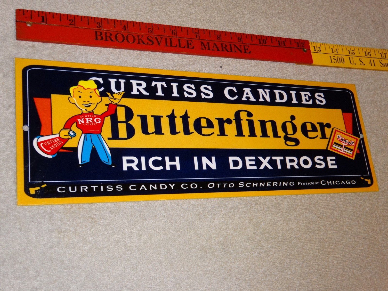 VINTAGE CURTISS CANDIES BUTTERFINGER 15" METAL CHICAGO CHOCOLATE CANDY BAR SIGN!