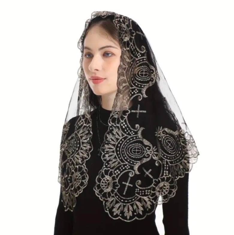 Sacred Heart Jesus Embroidered Veil Mantilla Catholic Church Veil Head Cover