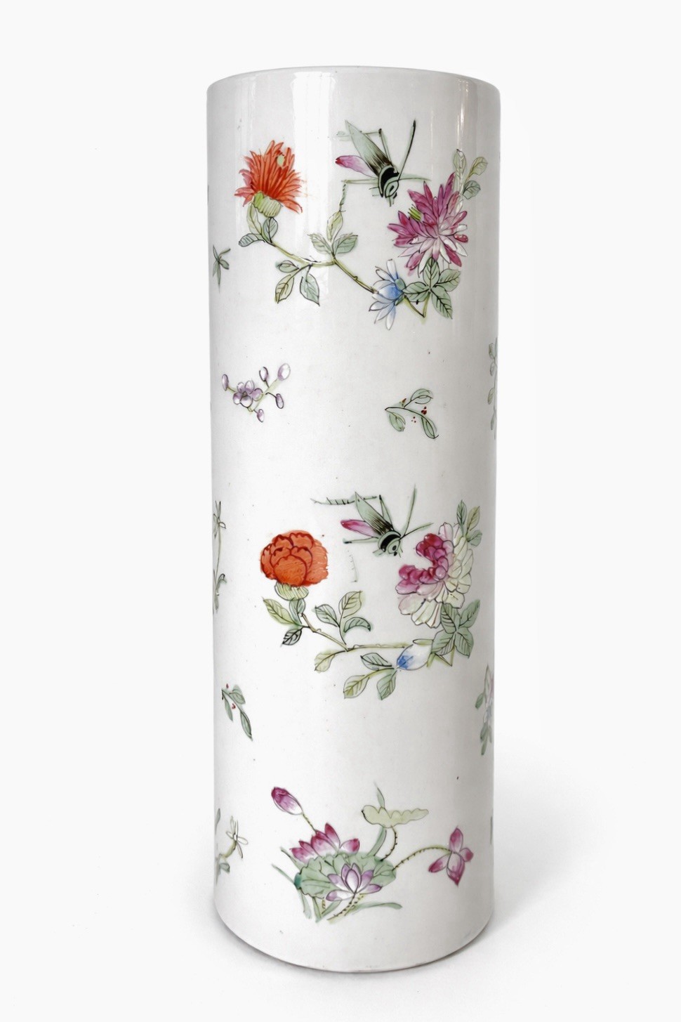 Vintage Chinese Porcelain Sleeve Vase 9” Floral Grasshopper Made In Hong Kong