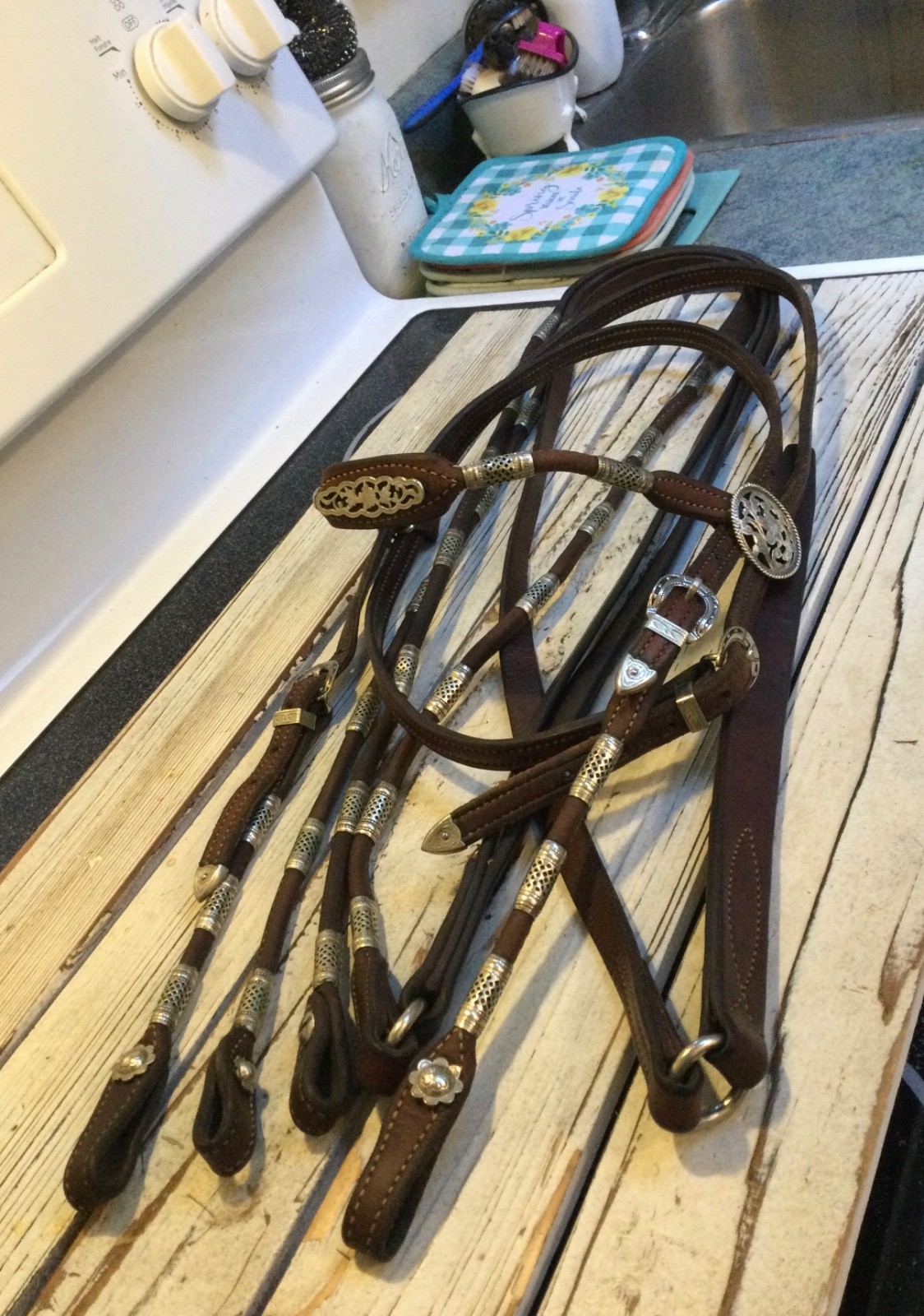 Vntg Poco Western Bridle & Romel Reins Silver Ferrule Fleming Filigree Sterling