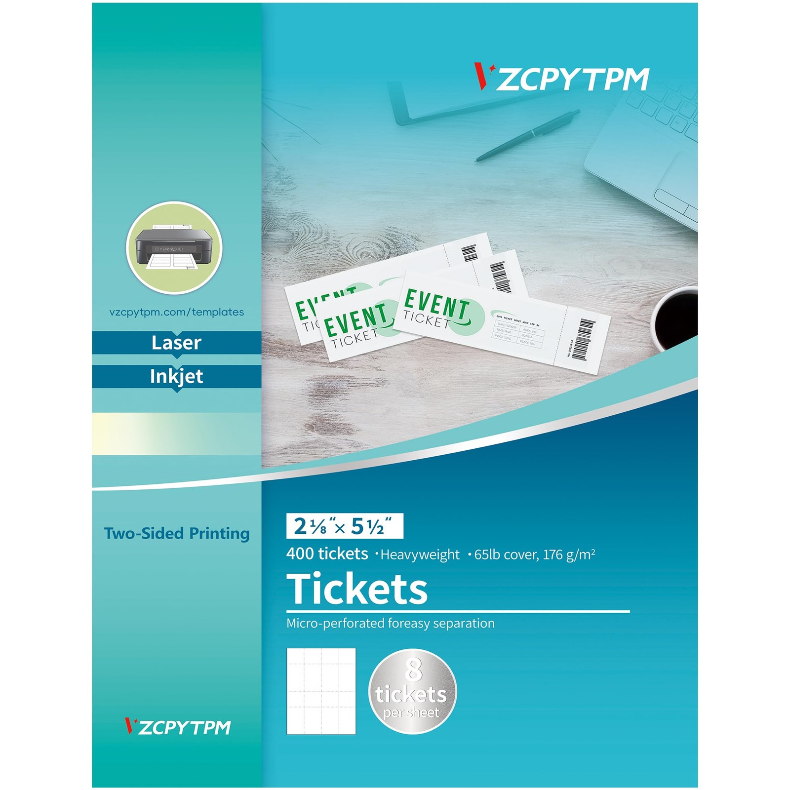 400 Printable Tickets with Tear-Away Stubs,2.125x5.5 Inch Custom Raffle Ticke...