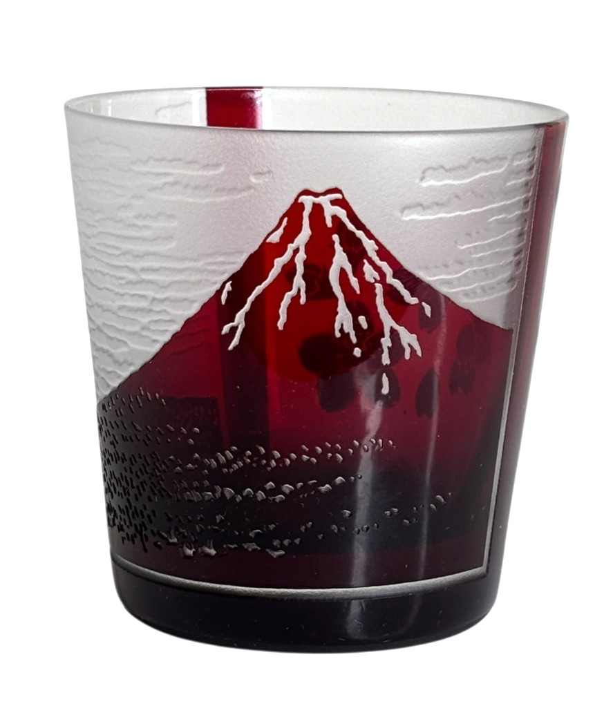 Edo Kiriko Taburo Cut Glass Sake Whiskey Glasses Mt. Fuji, Wave Mini Rock Glass