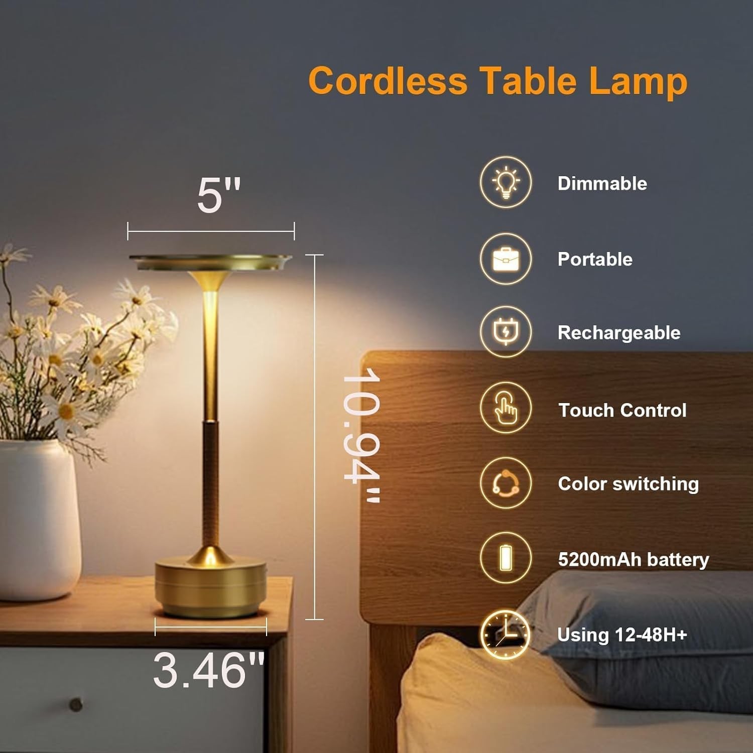 Cordless Table Lamp Dimmable 3-Color Dest Lamp Rechargeable LED Night Light