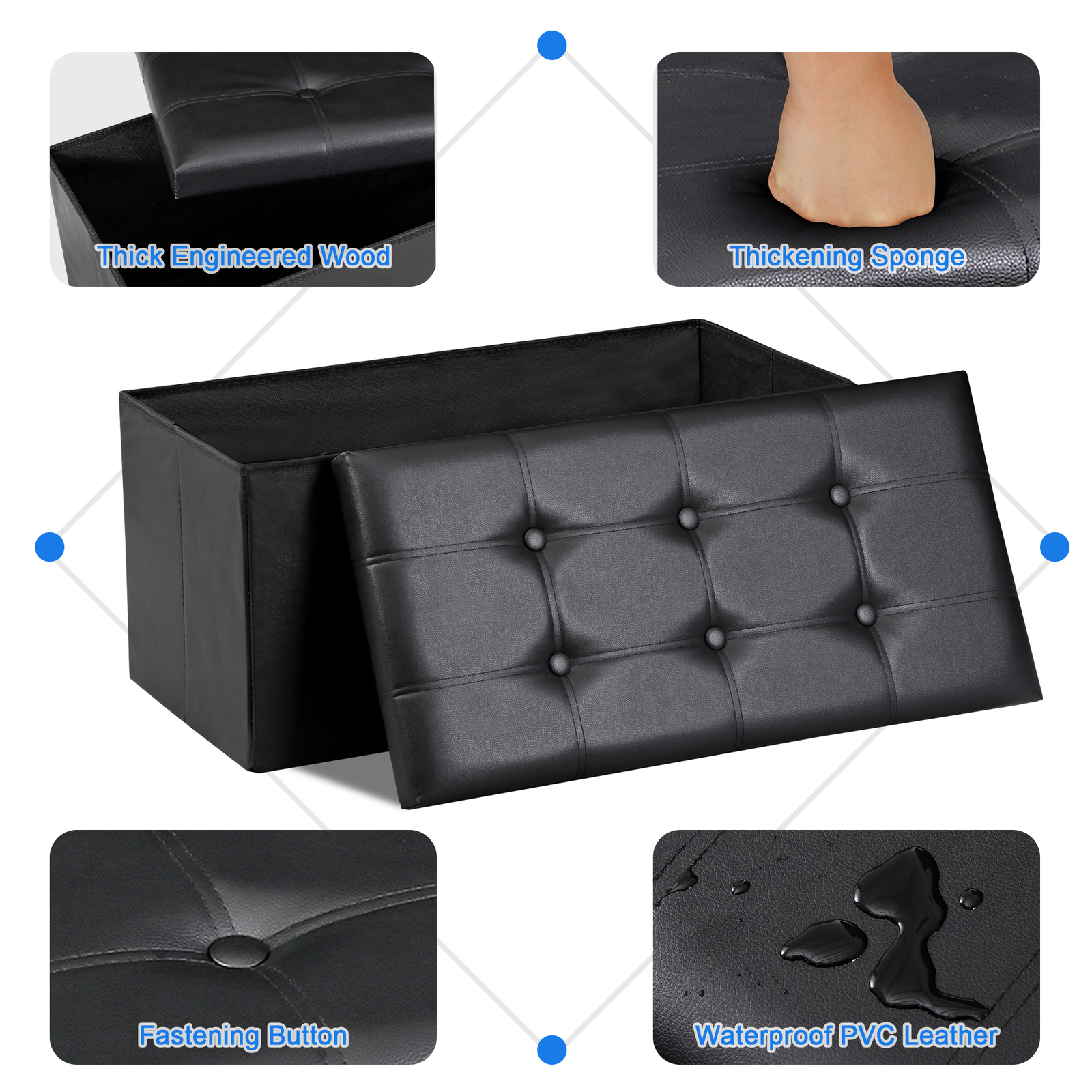 30" Storage Ottoman Bench Folding Footrest Stool Storage Chest Hold up to 350LBS