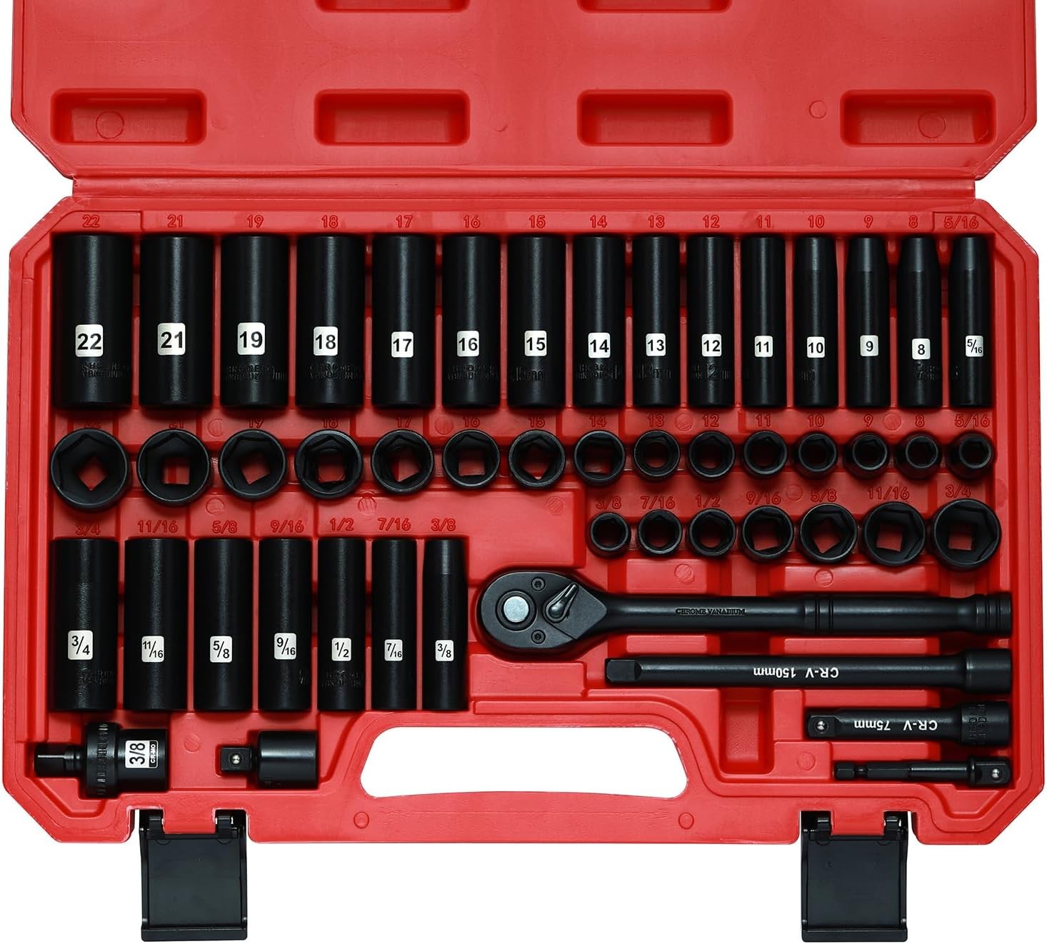 3/8” Drive Impact Socket Set 50PCS Standard SAE(5/16”-3/4”)& Metric Size(8-22mm)