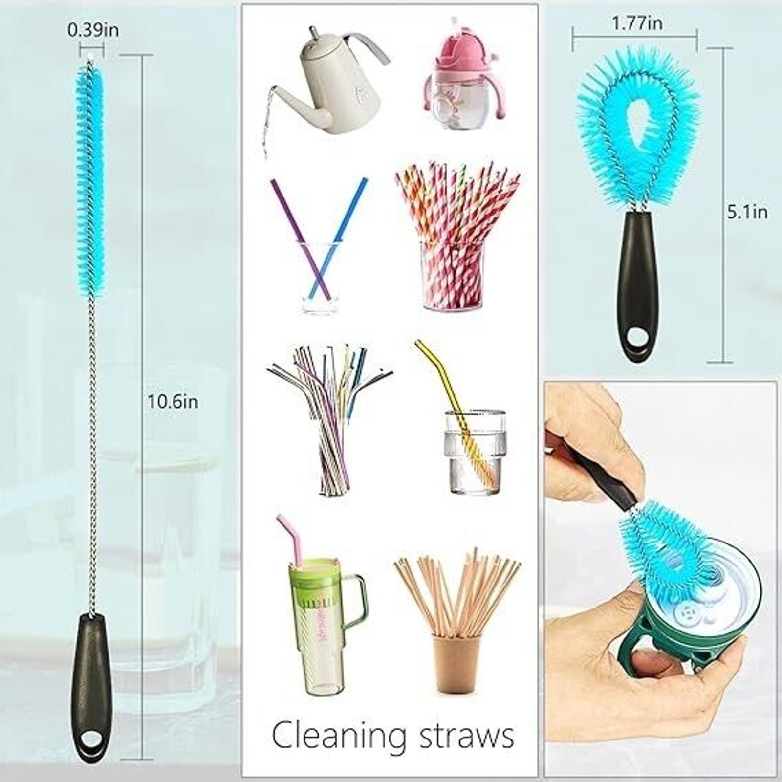 3-in-1 Stainless Steel Long Handle Water Bottle Brush Set - Blue, New Cleaning