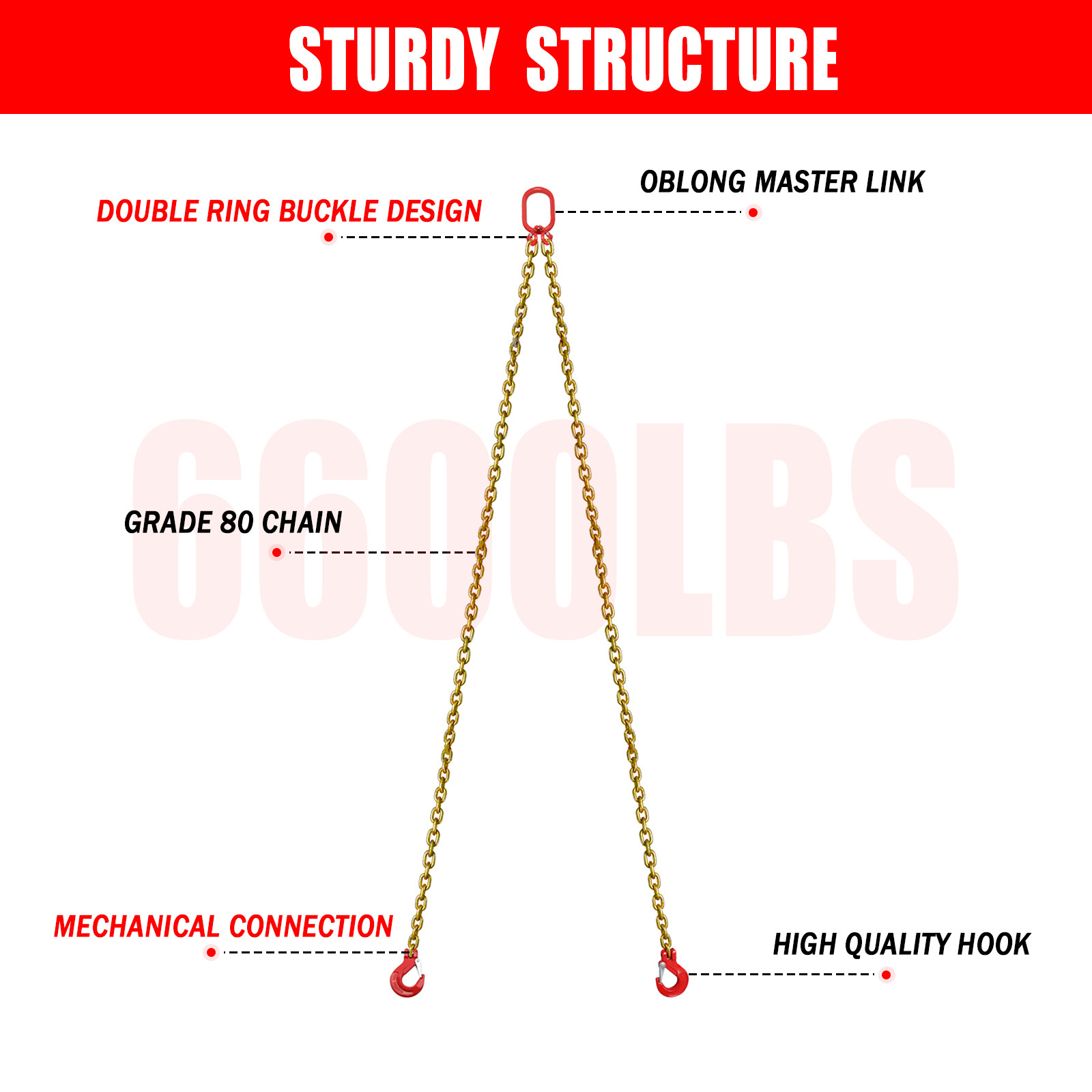 One 5/16"x6' G80 Chain Lifting Sling w/2 Legs 3T/6600lbs Capacity w/ Grab HooK