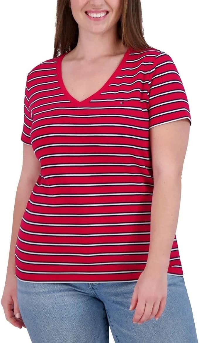 Tommy Hilfiger Women's V-Neck Short Sleeve Shirt, Red, Size S