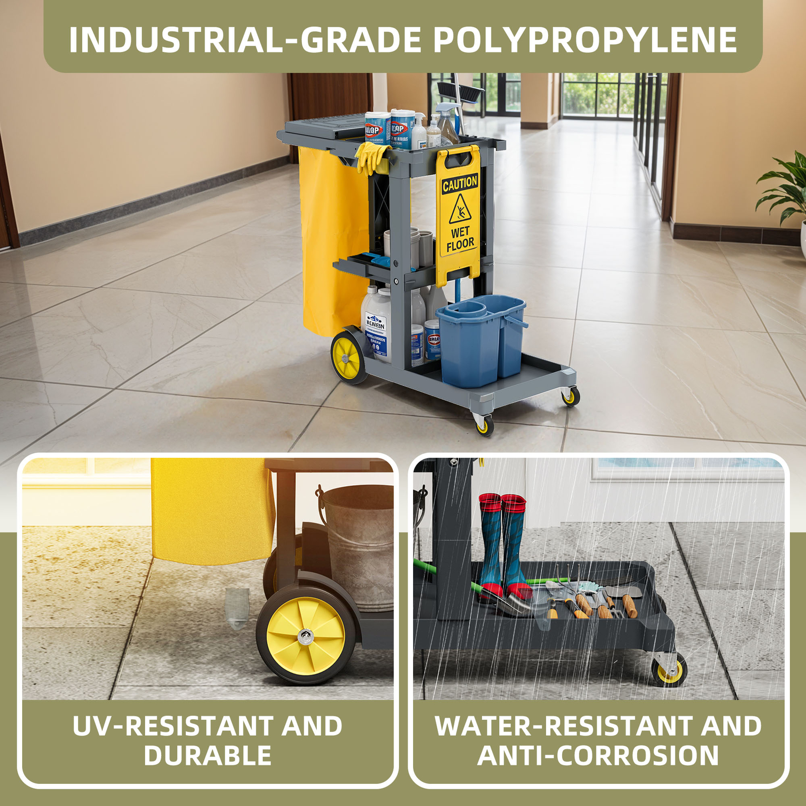 3-Shelf Janitorial Cleaning Cart w/ 2 Trash Bags Commercial Housekeeping Trolley