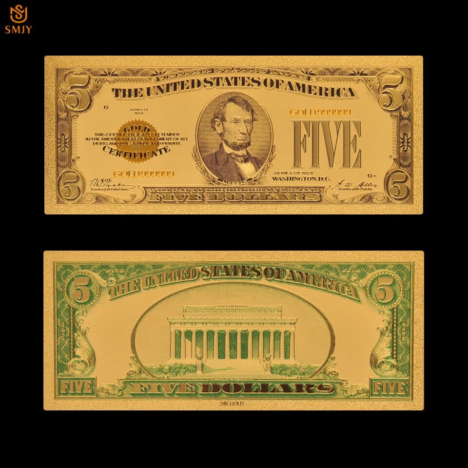 1928 US $5 Gold Banknote With bag and certificate of authenticity