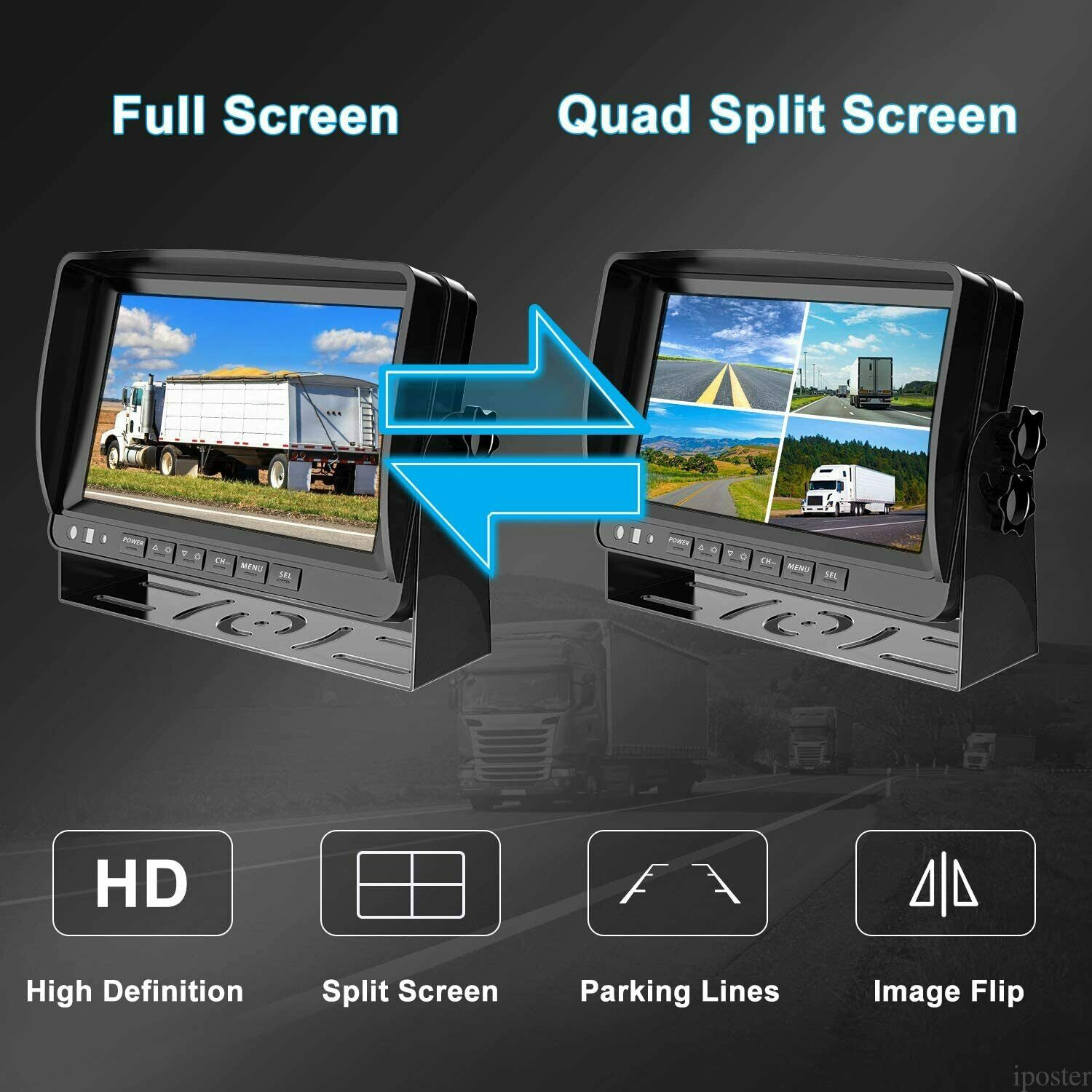 7" Quad Monitor DVR SD Recorder Side Rear View Camera System For Truck Trailer