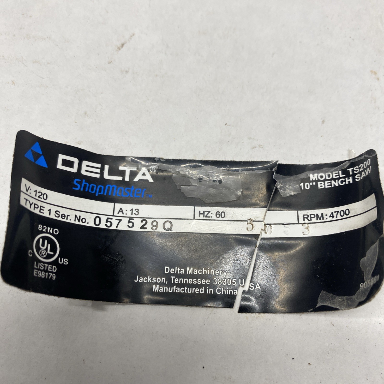 Delta ShopMaster 10" Table Saw Md TS200 Motor RPM 4700 v120 EM-467