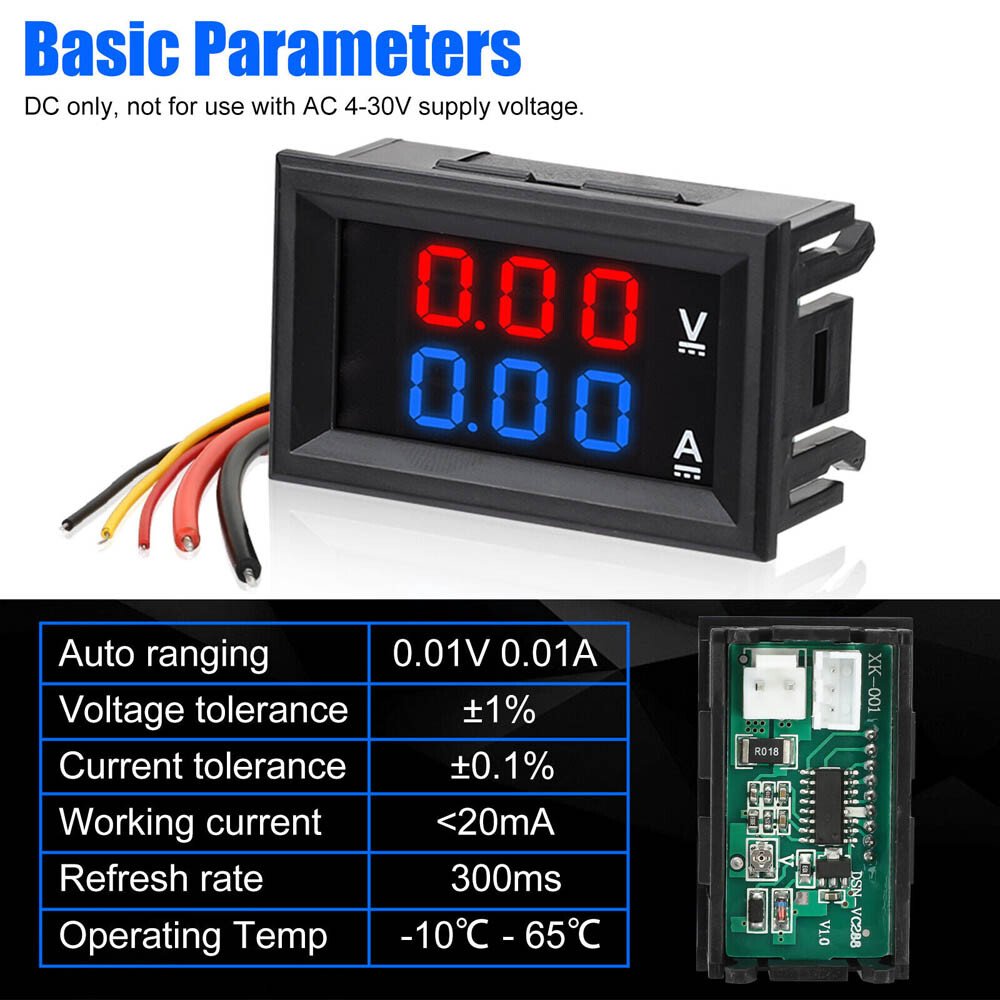 5pcs LED Digital Voltmeter Ammeter Dual Volt Amp Meter Voltage Gauge DC 100V 10A