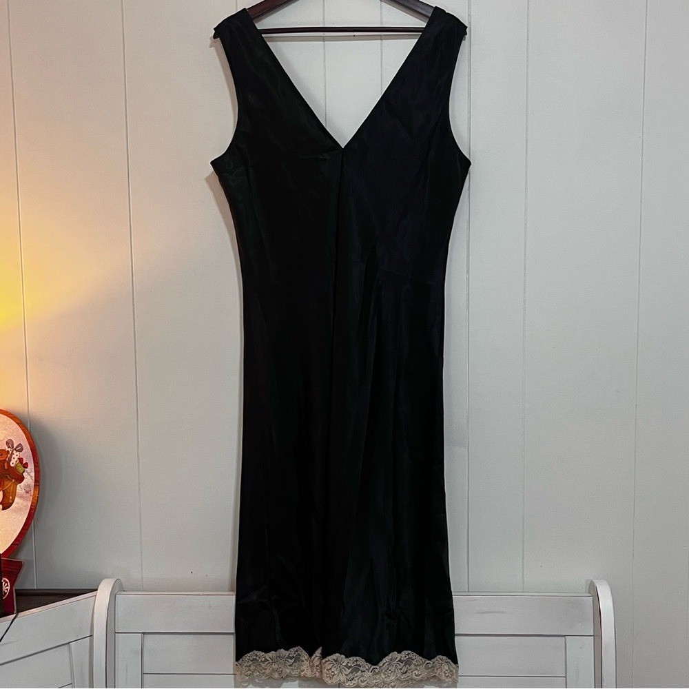 Whispers Lace Trim Slip Dress Black Lingerie Nightgown L/XL Feminine Romantic