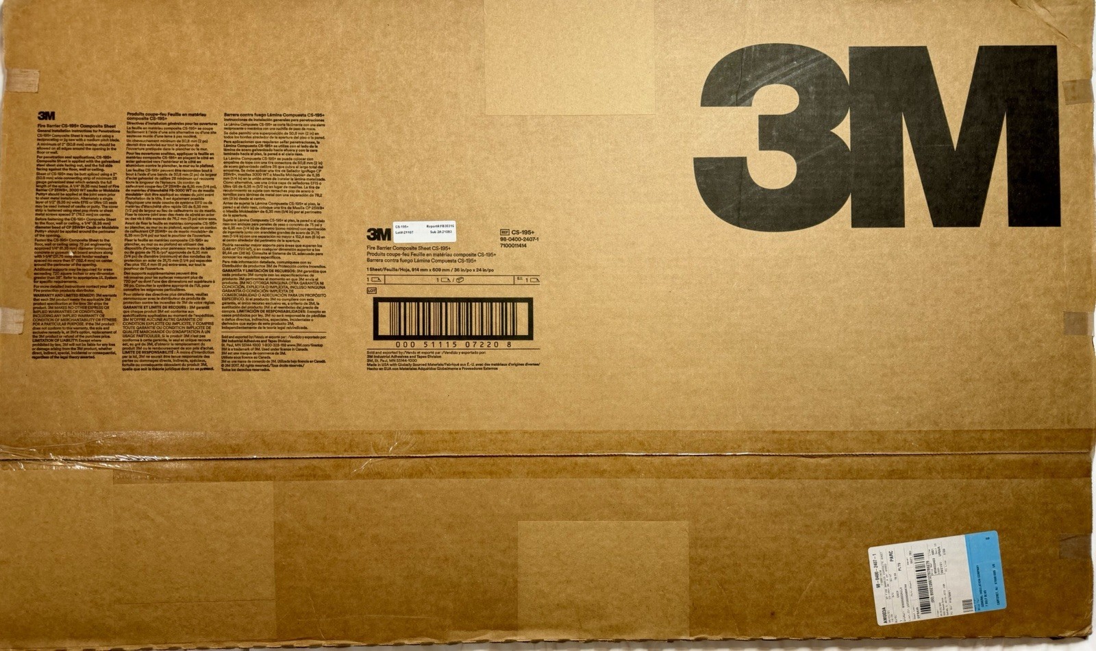 NEW 3M CS-195+ Fire Barrier Composite Sheet 36” X 24” #7100011414 - SHIPS FREE!!