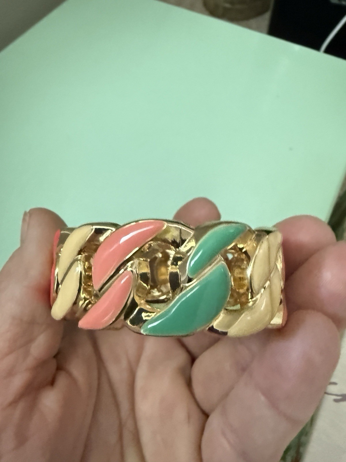 Vtg. Bracelet Gold Tone Enamel Hinged Clamp Openwork Spring colors