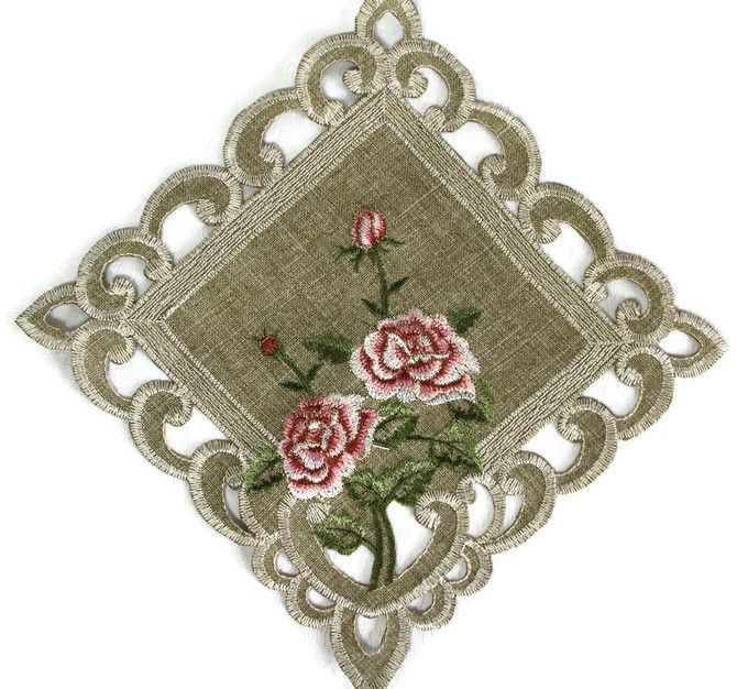 Doily Boutique Table Runner, Doily, Mantel Scarf with Pink Rose on Green Burlap