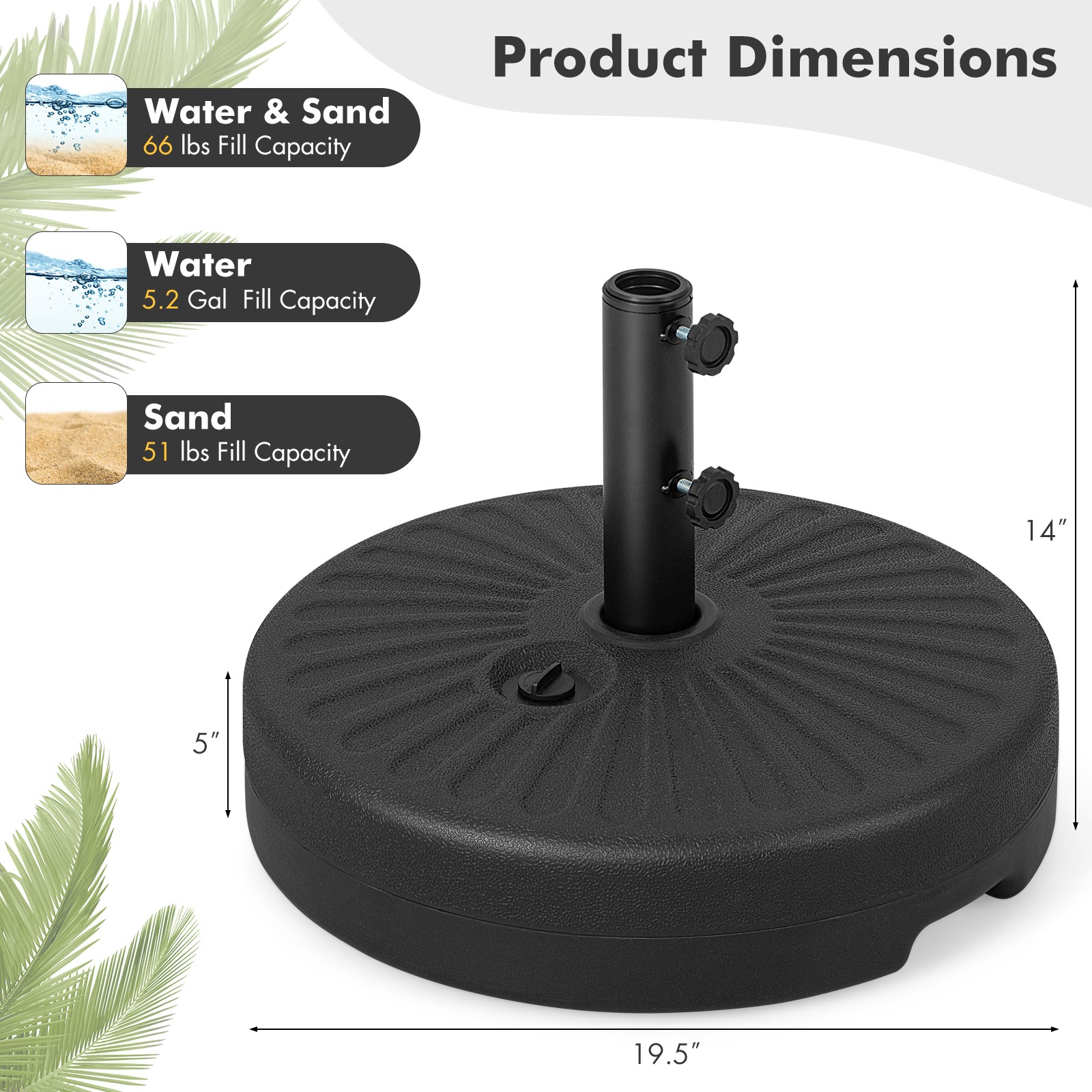 19.5" Fillable Round Umbrella Base Stand Holder Patio Heavy-Duty Pole 1.5"/1.9"