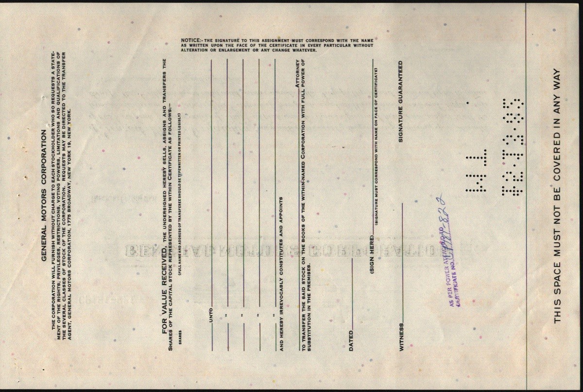 GENERAL MOTORS CORPORATION 1 BOND 1965 100 SHARES,COMMON STOCK