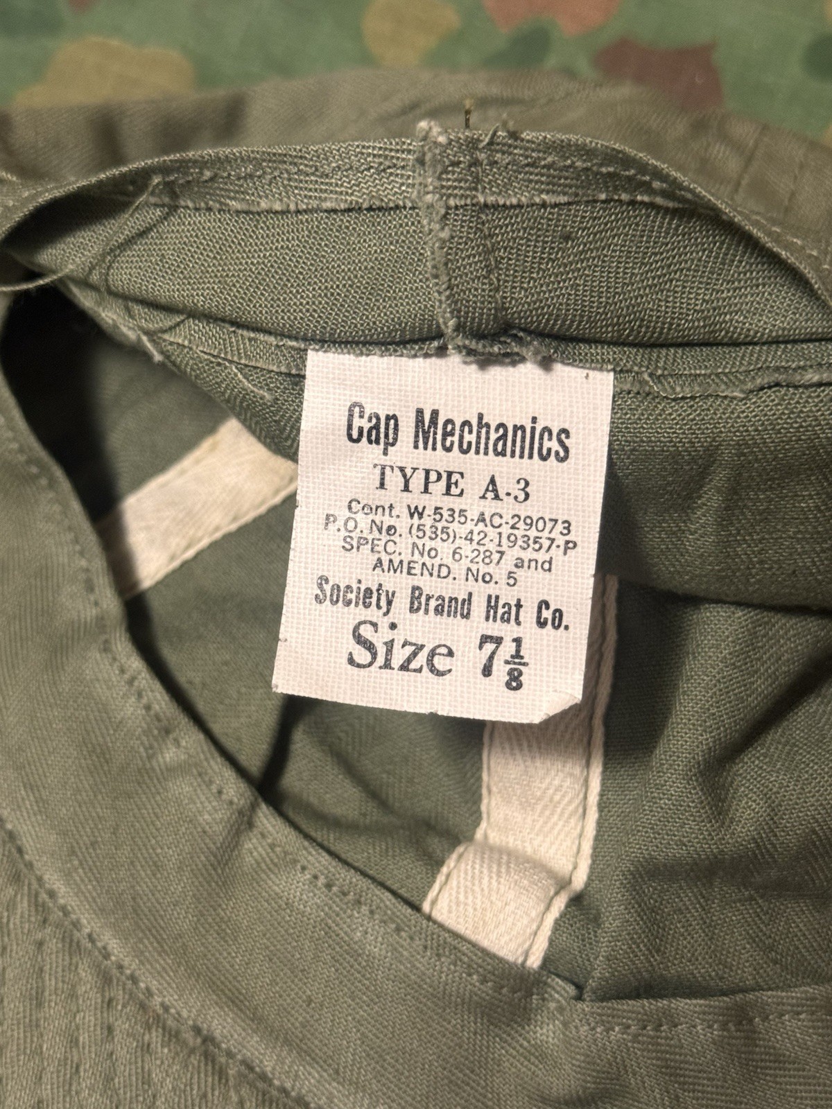 NOS Vintage WWII U.S. Army Air Force A3 Mechanic HBT Cap Size 7 1/8