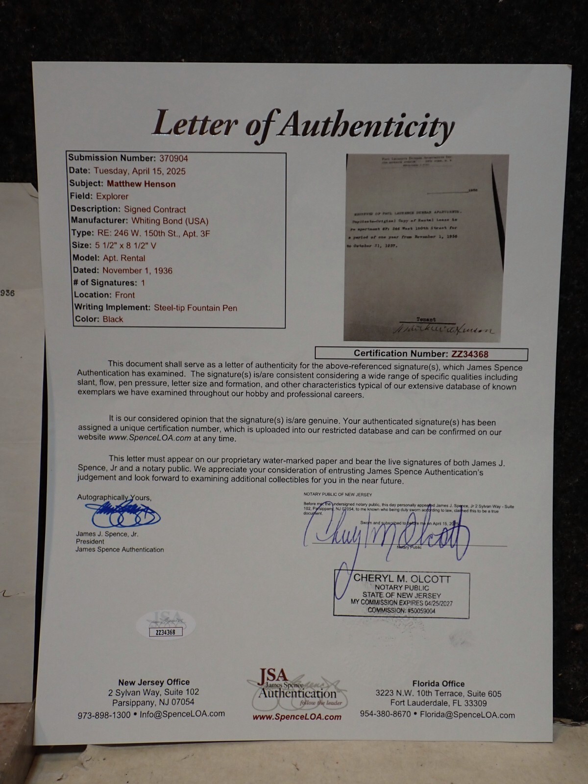 1936 MATTHEW A HENSON AFRICAN AMERICAN ARTIC POLE EXPLORER SIGNED LEASE CONTRACT