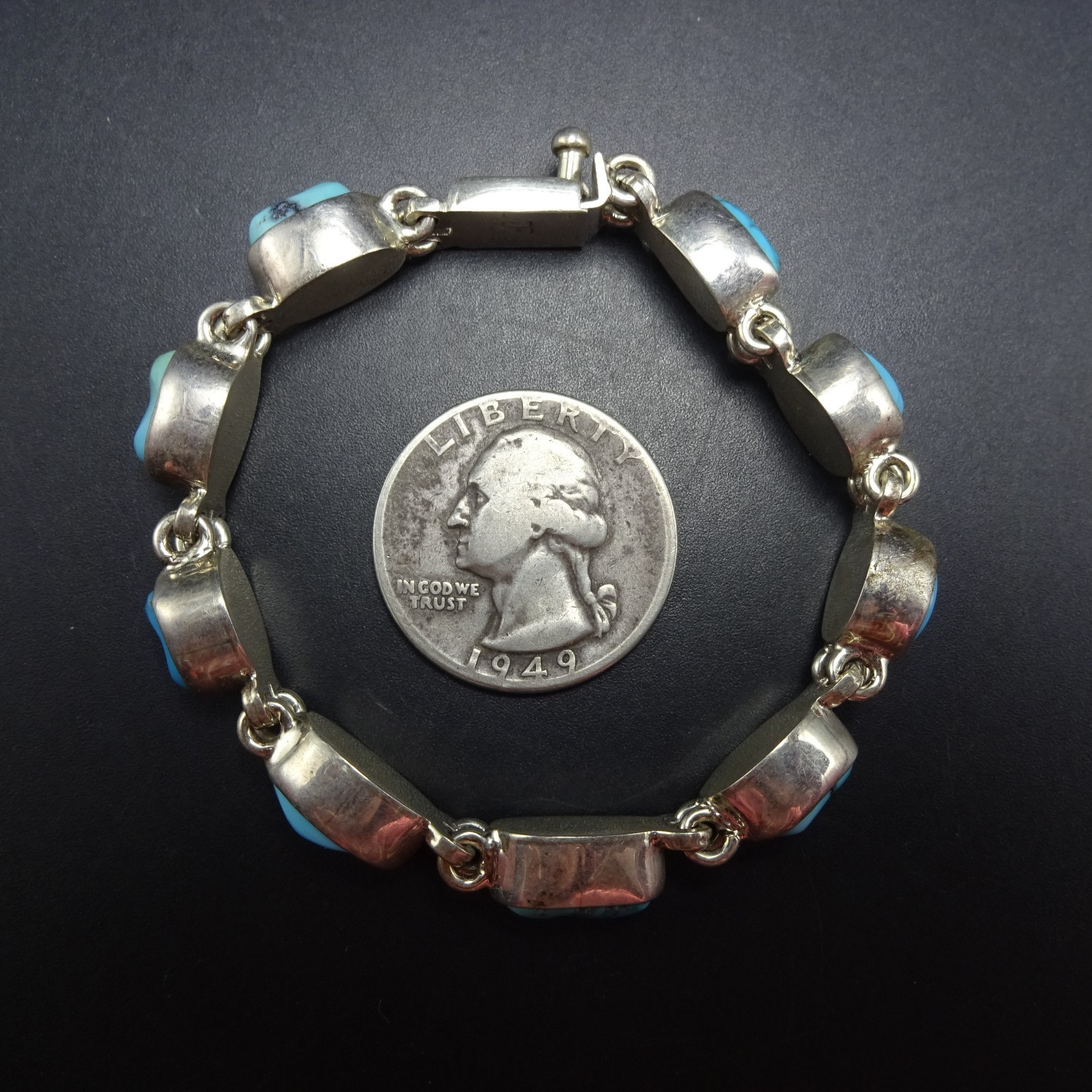 FEDERICO JIMENEZ Sterling Silver TURQUOISE Link Bracelet Gorgeous Natural Cabs