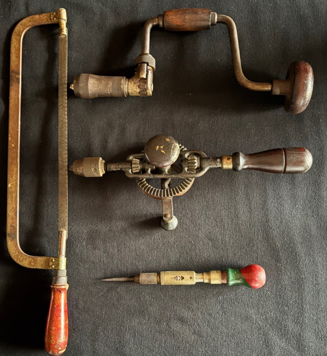 Antique Hand Tools-Hacksaw/Brace Drill/Eggbeater Drill/Spiral Rachet Screwdriver