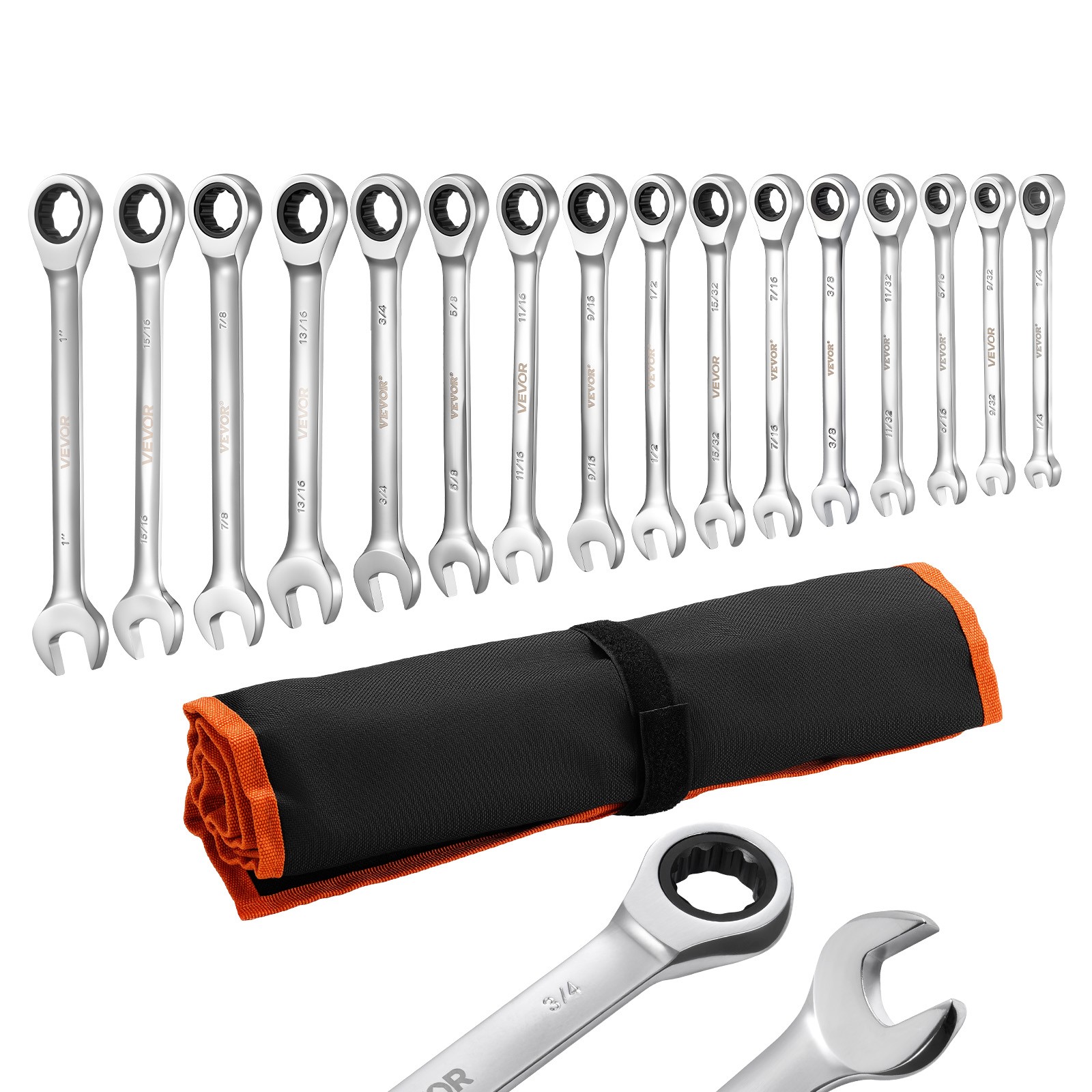 VEVOR Combination Wrench Set Ratcheting Wrench Set 16-Piece SAE Sizes Silver