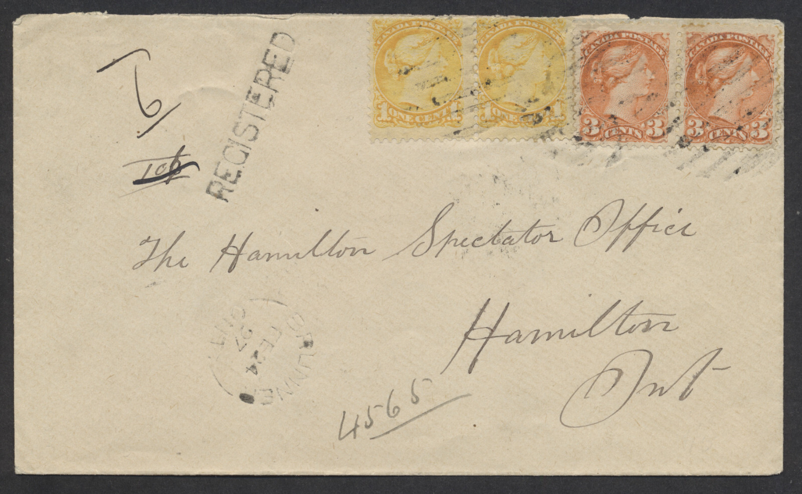 1897 Registered Cover Brunner ONT to Hamilton Georgetown Squared Circle 2 RPOs