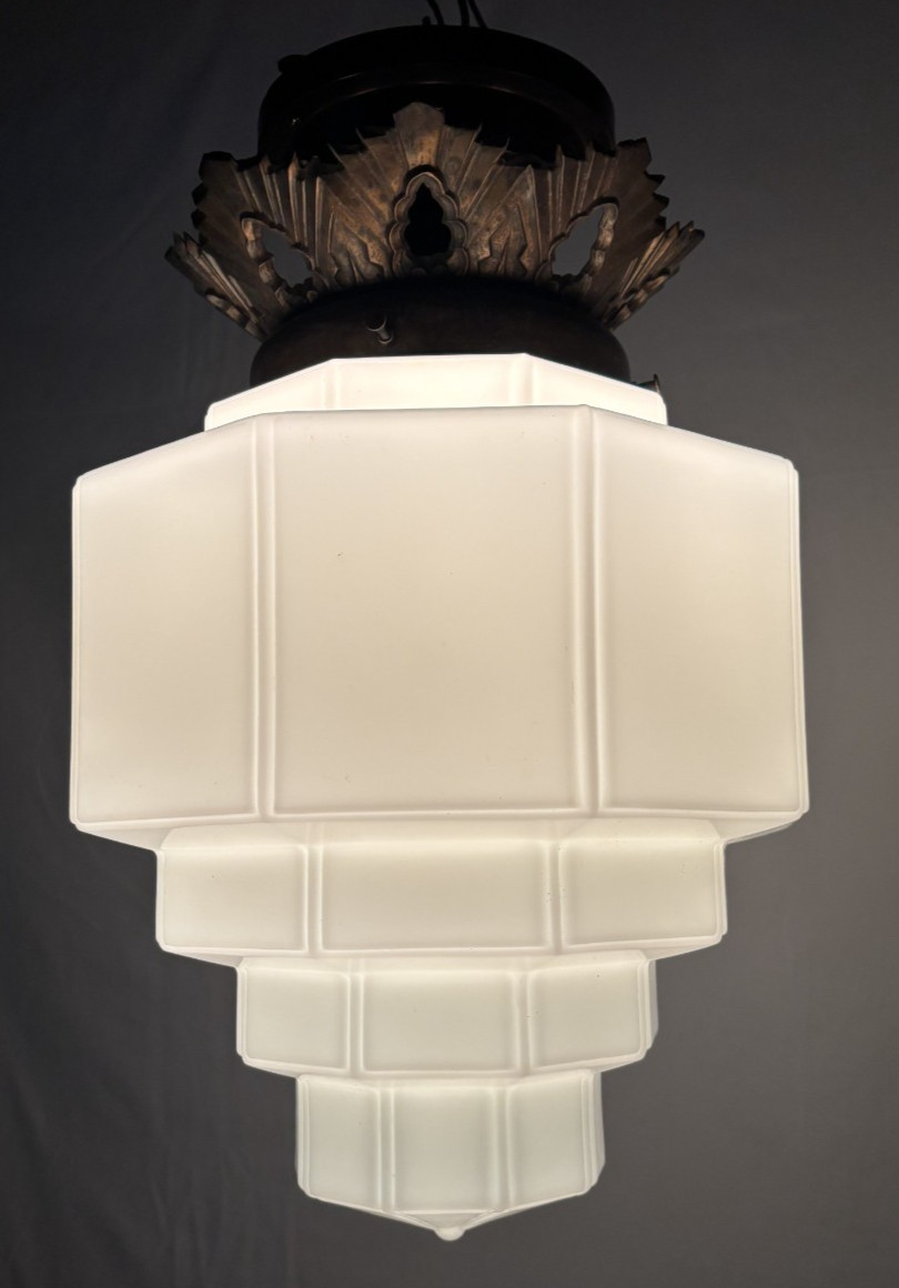Skyscraper Light Fixture Ceiling Flush Brass Vtg Art Deco Glass Shade USA #L39