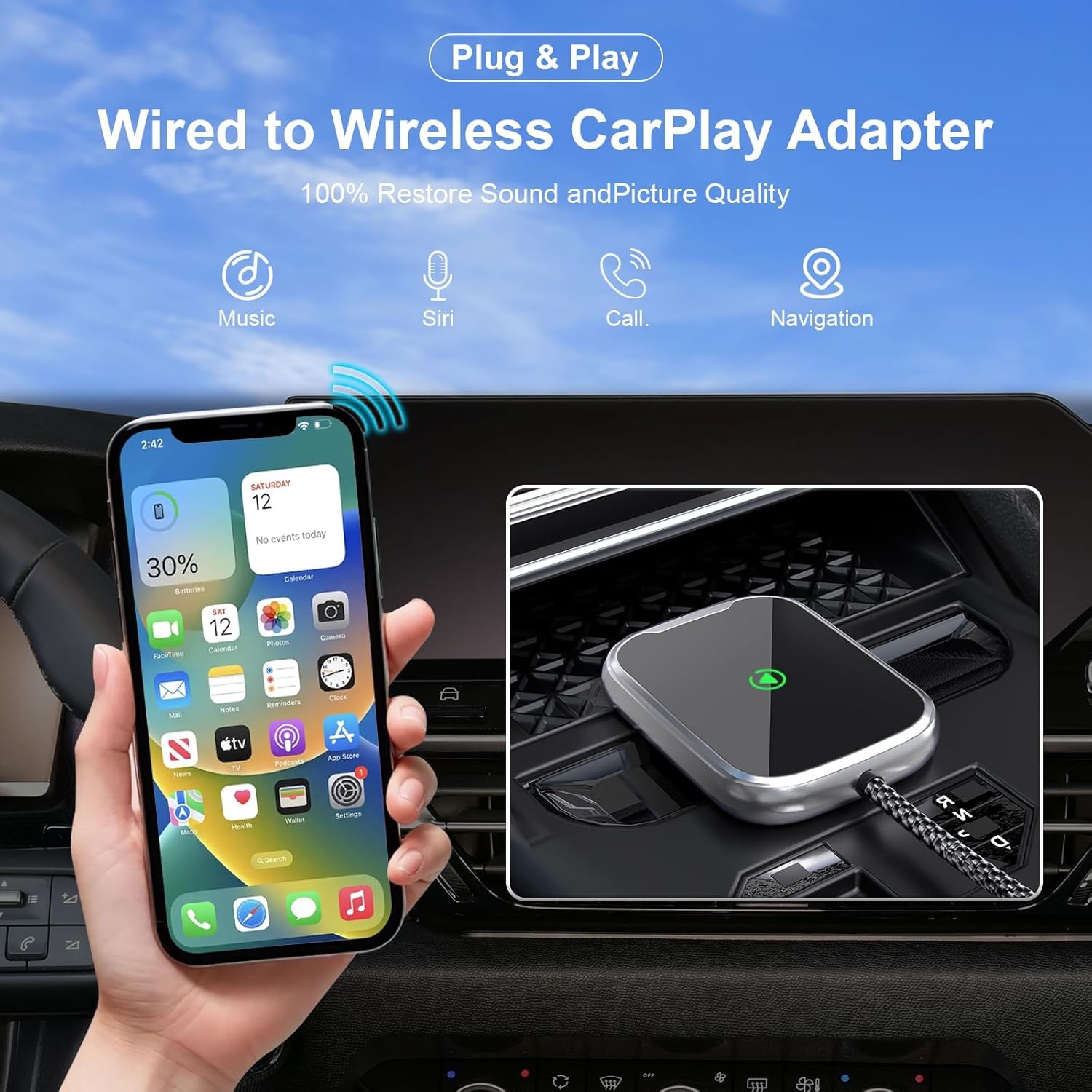 USB Wireless CarPlay Adapter For iPhone Apple Wireless Dongle Plug ＆Play Black