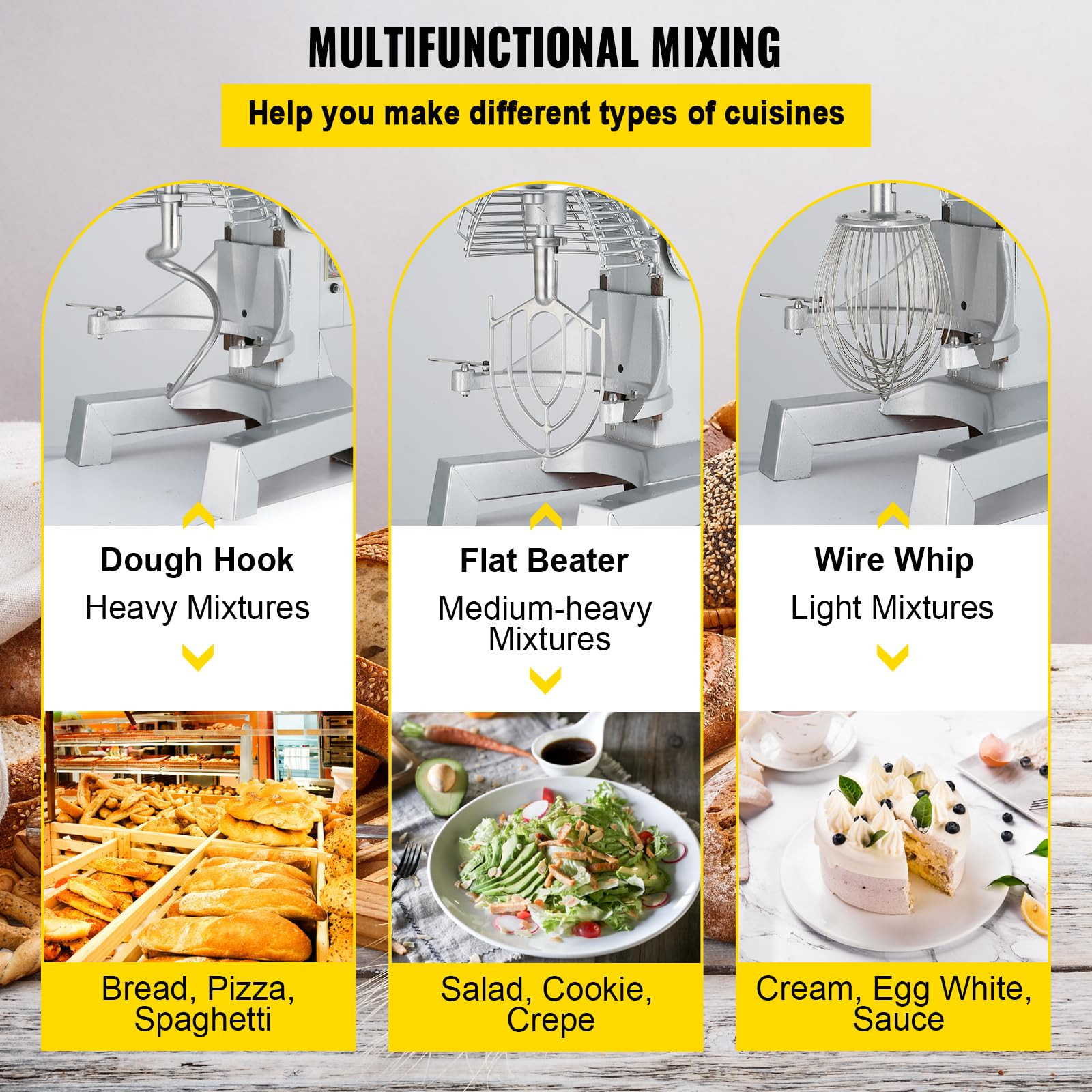 VEVOR 15QT Commercial Dough Food Mixer Machine Electric Stand w/Hooks 3-Speed